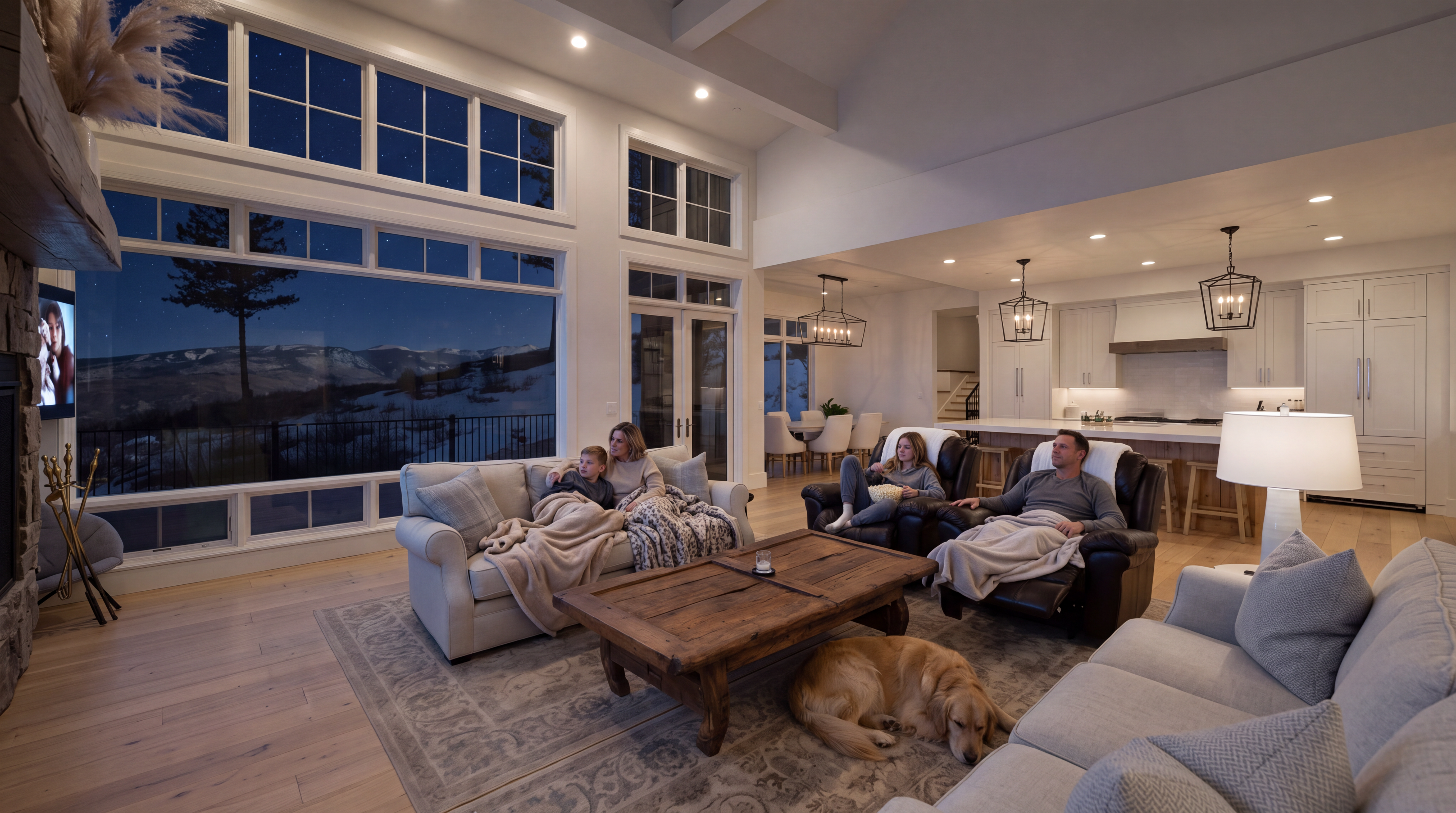 This spacious, open-concept living area features a warm, inviting atmosphere with a comfortable sofa and leather recliners arranged for entertainment. The room is anchored by a large rustic wooden coffee table and a cozy rug, with high ceilings and expansive windows that offer a stunning, panoramic view of a snowy landscape at night. The seamless integration with the adjacent kitchen and dining area creates a functional and sophisticated space, perfect for family relaxation.