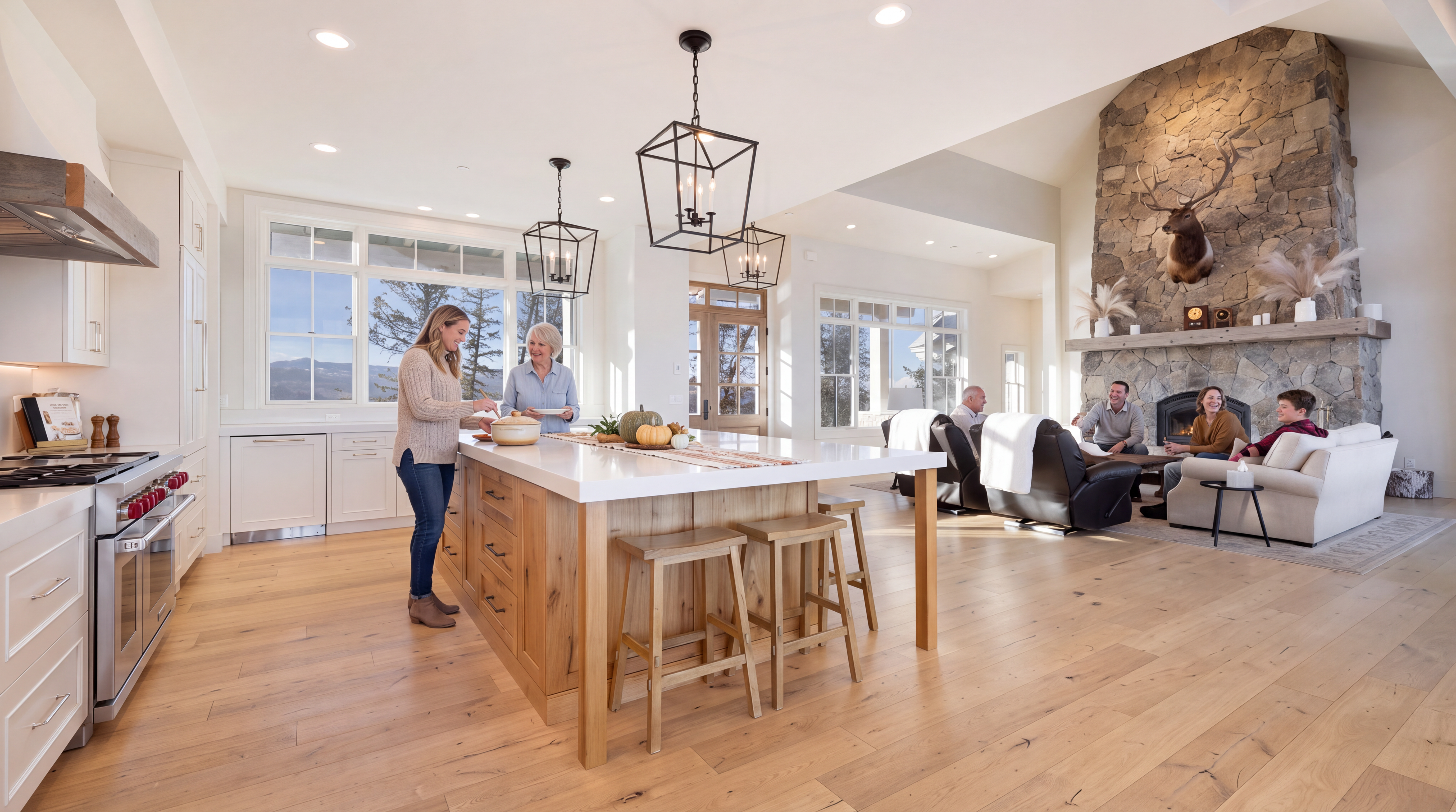 This stunning open-concept kitchen features a large wooden island with a white quartz countertop, complemented by modern pendant lighting and high-end stainless steel appliances. The space flows seamlessly into a cozy living area with a vaulted ceiling, prominent stone fireplace, and a mounted deer head, creating a welcoming and sophisticated atmosphere. With light wood floors throughout and abundant natural light, this home offers a warm, inviting, and family-oriented living space.