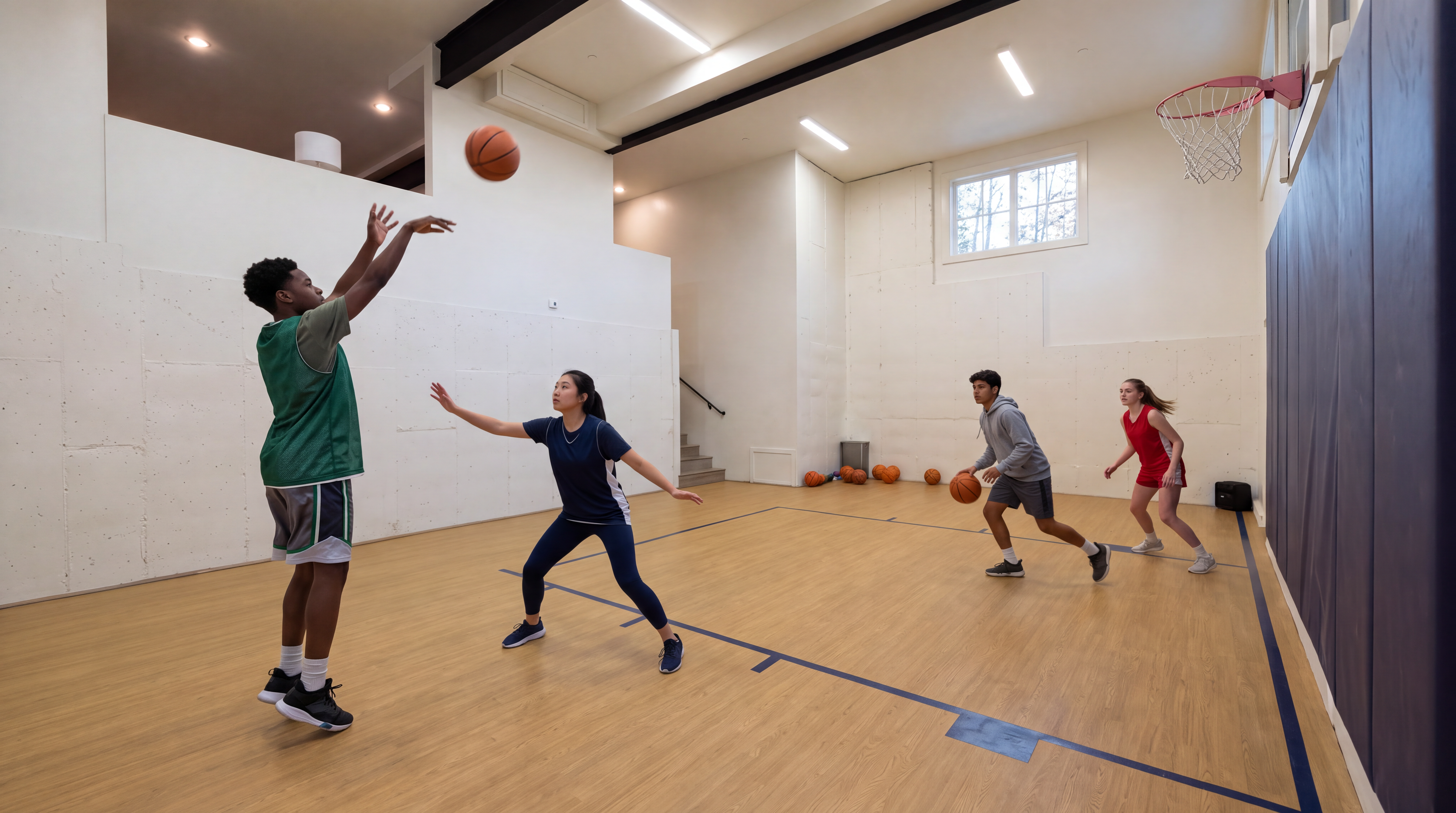 This bright, minimalist indoor sports court features light wood flooring, neutral walls, and a high ceiling with modern recessed lighting. The space is equipped with a basketball hoop, white wall panels, and a corner staircase, making it an ideal amenity for fitness and recreation. The airy, open-concept design provides ample room for active use and serves as a premium feature for a high-end property.