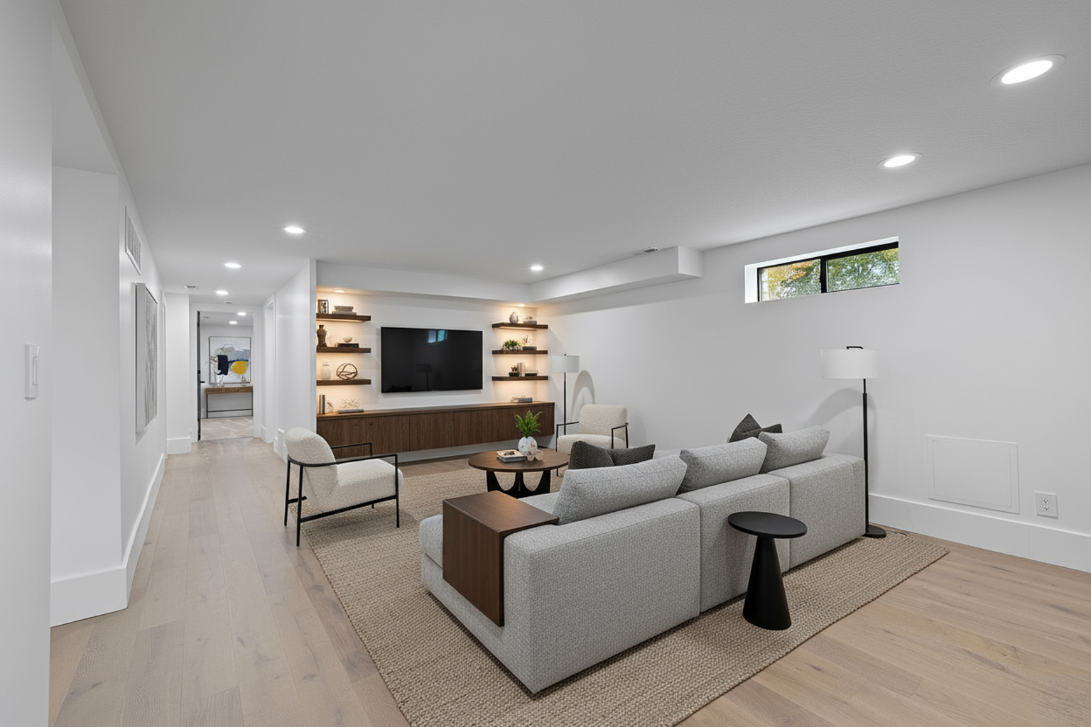 This is a well-lit living room featuring modern interior design. The space is furnished with a gray sectional sofa, armchairs, a round coffee table, and a TV mounted above a wooden console. Floating shelves with decor add visual interest, and a large area rug defines the seating area.