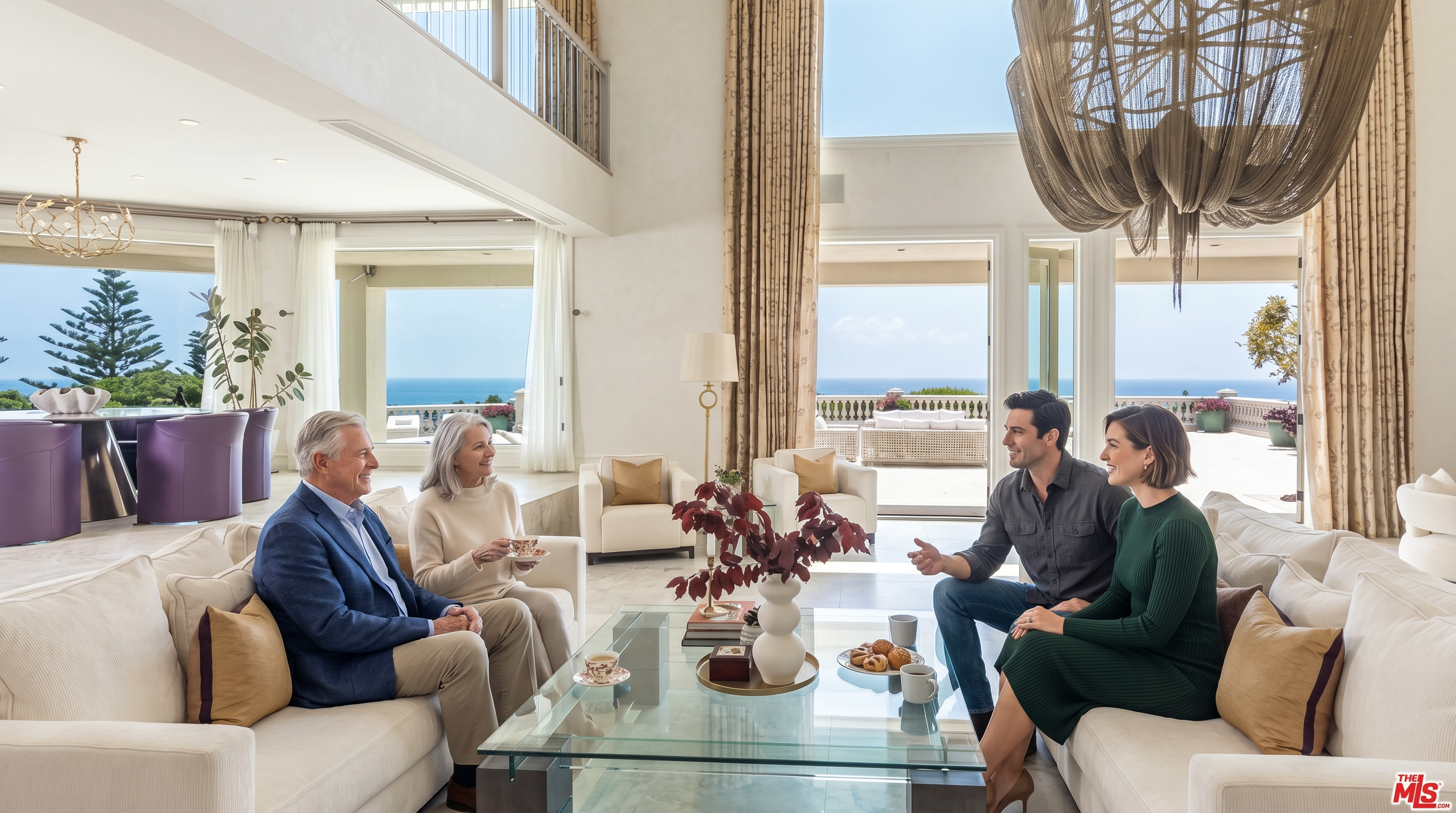 This expansive, double-height living room exudes luxury with its bright, airy atmosphere and seamless transition to an outdoor terrace overlooking the ocean. The space is anchored by two large, plush cream-colored sofas facing a central glass coffee table, all beneath a dramatic, oversized chandelier that serves as a focal point. The neutral color palette, high ceilings, and floor-to-ceiling windows create a sophisticated, coastal-inspired aesthetic perfect for high-end entertaining.