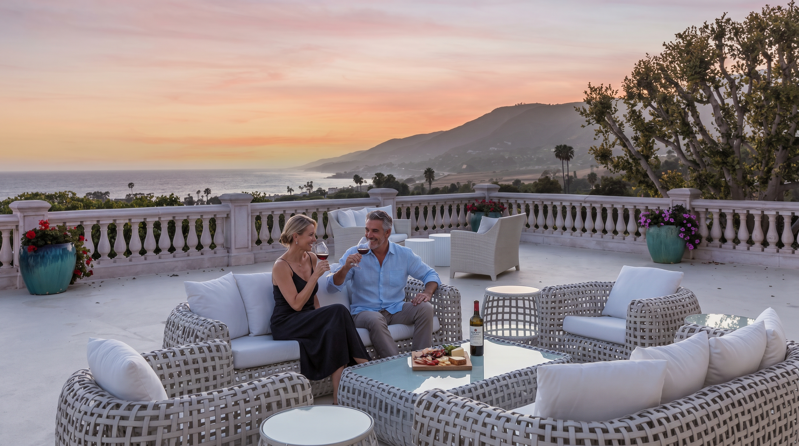 This expansive outdoor terrace features high-end, light-colored wicker patio furniture arranged for comfortable seating, set against a stunning panoramic backdrop of the ocean and coastal mountains at sunset. The space is defined by a classic stone balustrade and decorative planters, creating an elegant and serene atmosphere perfect for entertaining. The perspective captures the vastness of the horizon, emphasizing the property's prime location and luxurious lifestyle.