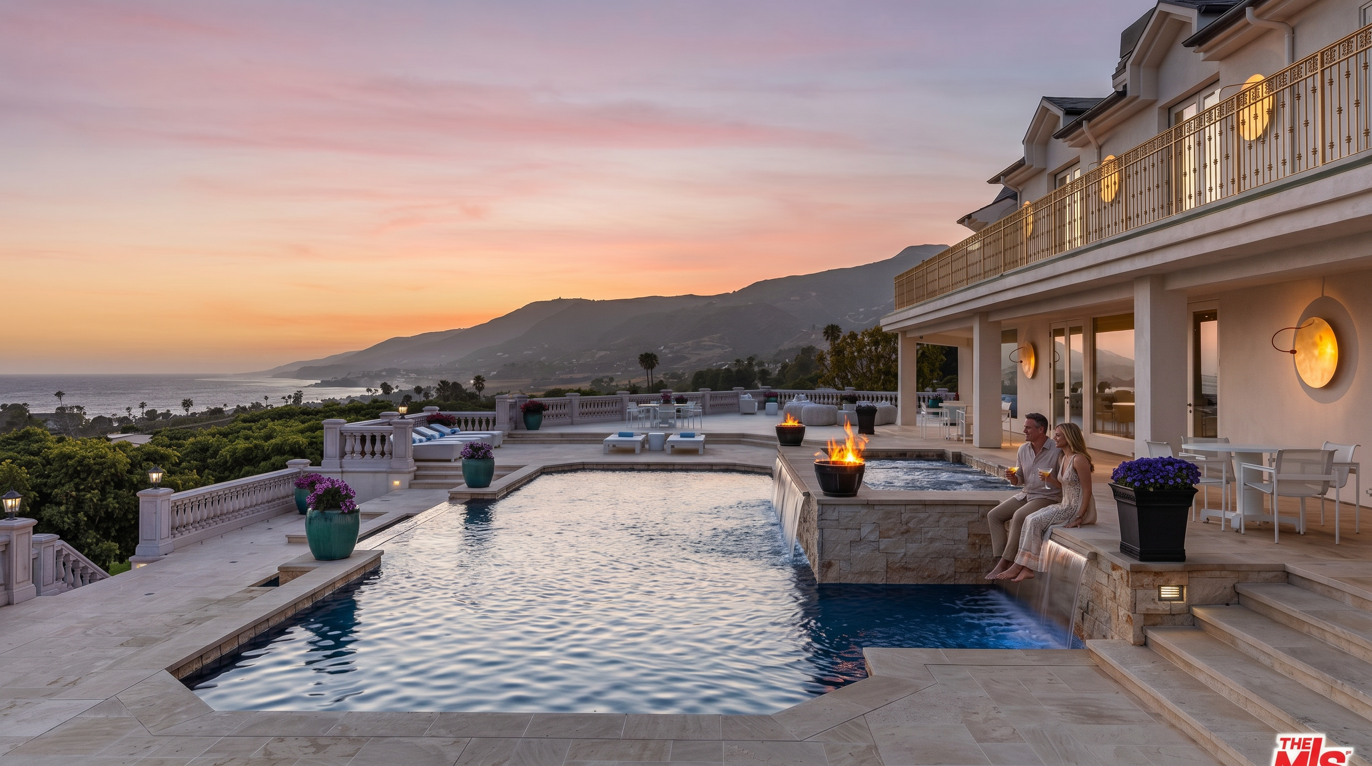 This stunning luxury estate features a sprawling infinity-edge pool and integrated spa overlooking a breathtaking coastal sunset. The expansive stone patio is designed for high-end outdoor entertaining, complete with fire features and elegant landscaping that seamlessly blends with the natural horizon. The architectural style is sophisticated and grand, emphasizing an indoor-outdoor lifestyle with panoramic ocean and mountain views.