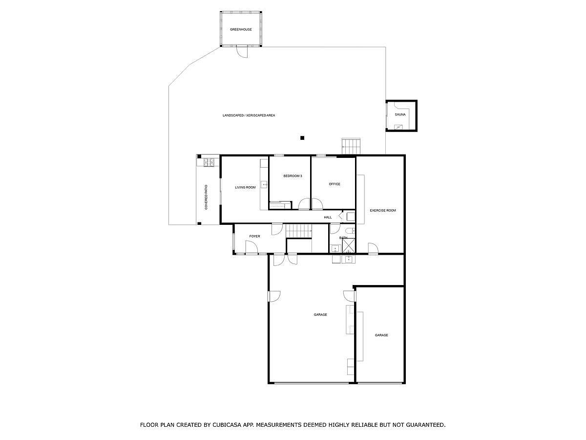 This image presents a detailed floor plan of a house, showcasing the layout of various rooms including the living room, bedrooms, office, exercise room, and garage. The plan also includes outdoor features such as a greenhouse, landscaped area, covered patio, and sauna. The floor plan provides a comprehensive overview of the property's spatial arrangement and the relationship between indoor and outdoor spaces.