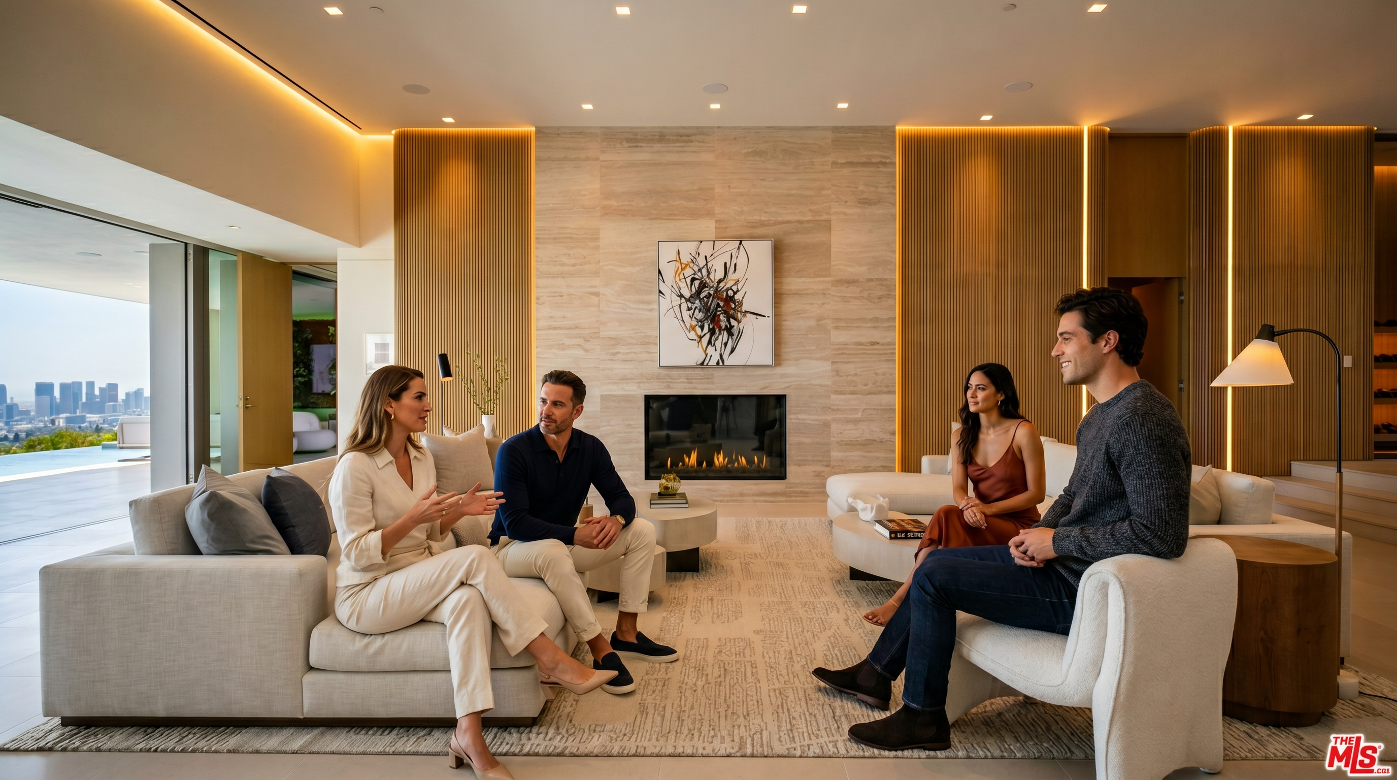 This expansive, modern living room features a sophisticated neutral color palette, anchored by a striking floor-to-ceiling travertine fireplace wall flanked by vertical wood paneling. The space is furnished with two large, plush white sectional sofas and a sculptural armchair, all arranged on a textured area rug that enhances the room's airy, open-concept feel. Large sliding glass doors provide a seamless transition to an outdoor patio, offering a stunning panoramic view of the city skyline.