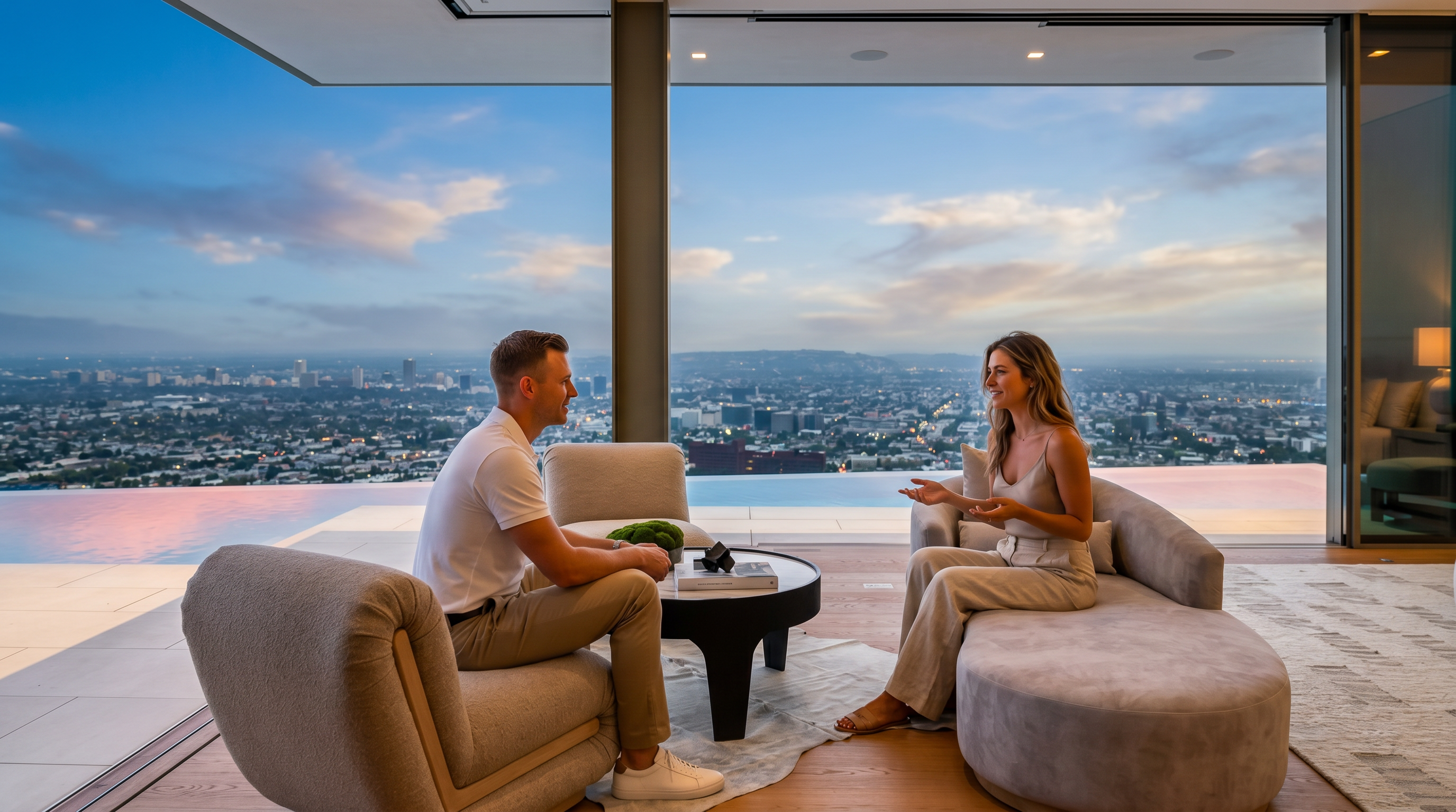 This luxurious primary bedroom features an open-concept design that seamlessly blends indoor living with a breathtaking panoramic view of the city skyline. The space is furnished with a plush chaise lounge, a modern armchair, and a circular coffee table, all set against a backdrop of floor-to-ceiling glass walls that open to an infinity-edge pool. The minimalist aesthetic and high-end finishes create an atmosphere of sophisticated tranquility and unparalleled elegance.