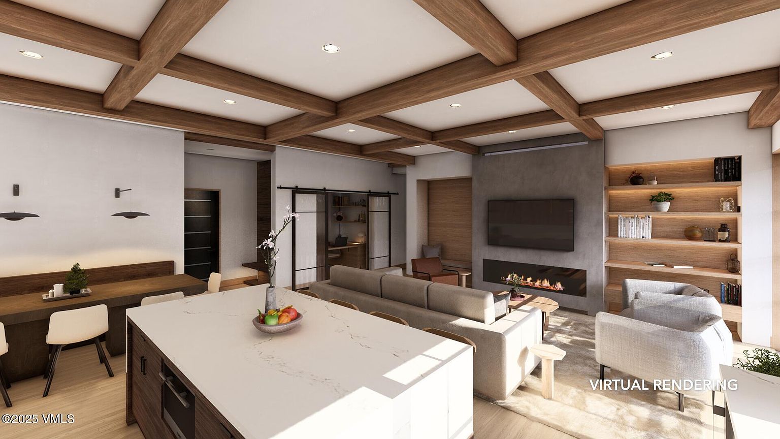 This is a spacious living room featuring a modern design with exposed wooden beams on the ceiling. The room includes a large island with a white countertop, a comfortable sofa, a fireplace with a television above it, and built-in shelving. The overall impression is one of warmth and sophistication, perfect for a relaxing and inviting living space.
