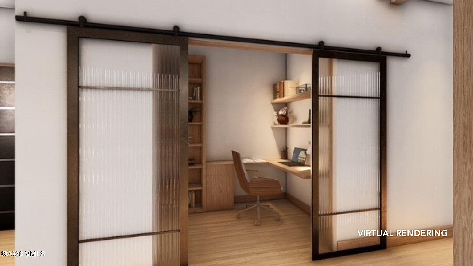 This image showcases a modern home office featuring a built-in desk and shelving unit. The room is separated from the adjacent space by sliding barn doors with reeded glass panels, adding a touch of privacy while allowing natural light to filter through. The overall aesthetic is clean and contemporary, creating a functional and stylish workspace.