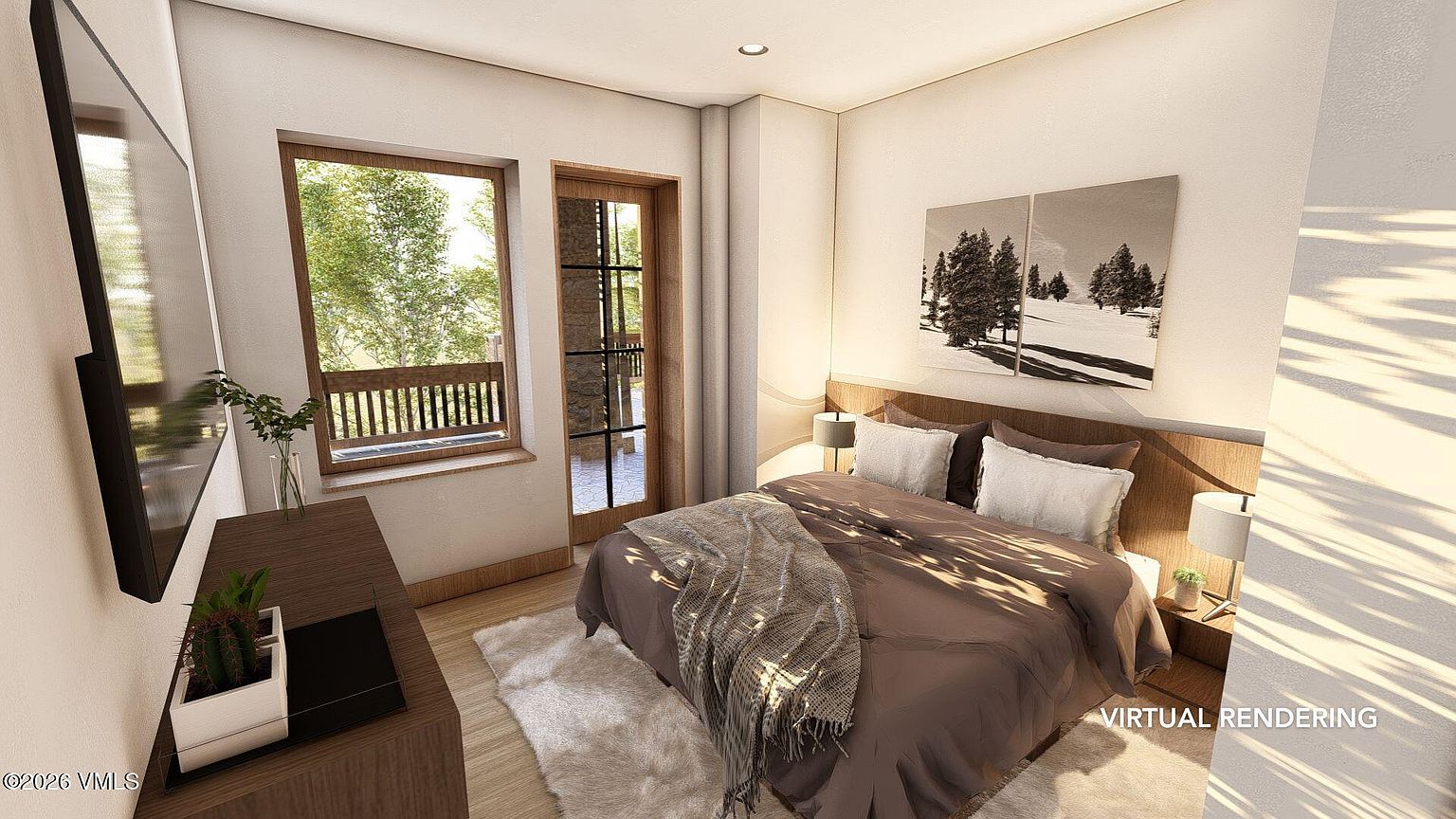 This is a virtual rendering of a primary bedroom featuring a large bed with brown bedding and white pillows, flanked by bedside tables with lamps. A black and white landscape artwork hangs above the bed. The room has a modern aesthetic with neutral tones, a wooden door, and a window offering natural light, creating a serene and inviting atmosphere.