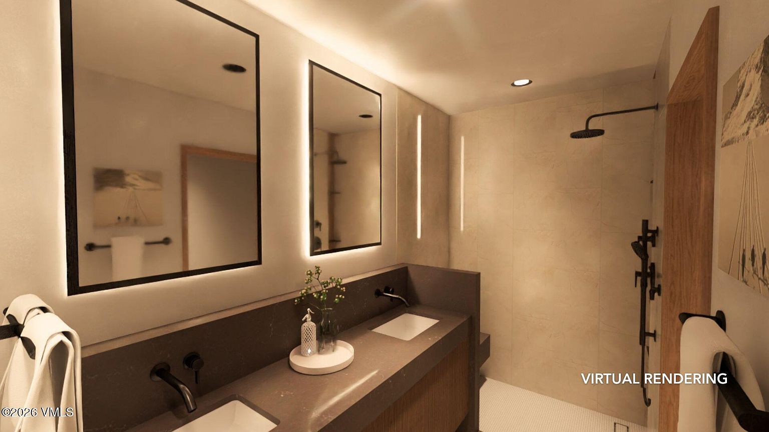 This is a modern primary bathroom featuring a double vanity with dark countertops and sleek black fixtures. Two illuminated mirrors hang above the sinks, and a glass-enclosed shower is visible in the background. The color palette is neutral, creating a spa-like and luxurious atmosphere.