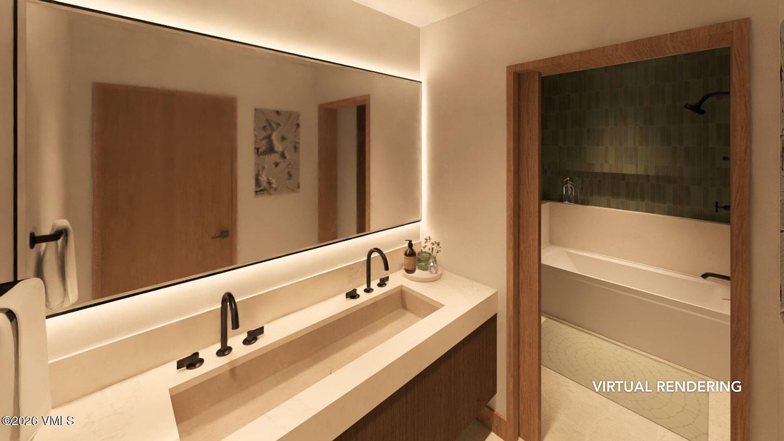 This is a modern primary bathroom featuring a double vanity with a rectangular sink and sleek black faucets. A large, illuminated mirror spans the length of the vanity, reflecting a glimpse of a separate tub/shower area with green tile. The overall design is minimalist and luxurious, creating a spa-like atmosphere.