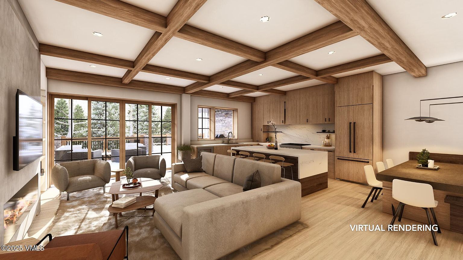 This is an interior shot of a modern living room and kitchen area. The living room features comfortable seating, a fireplace, and large windows that offer a view of the outdoors. The kitchen has wooden cabinets, a marble countertop island, and modern appliances. The overall style is contemporary and inviting, with a focus on natural light and comfortable living.