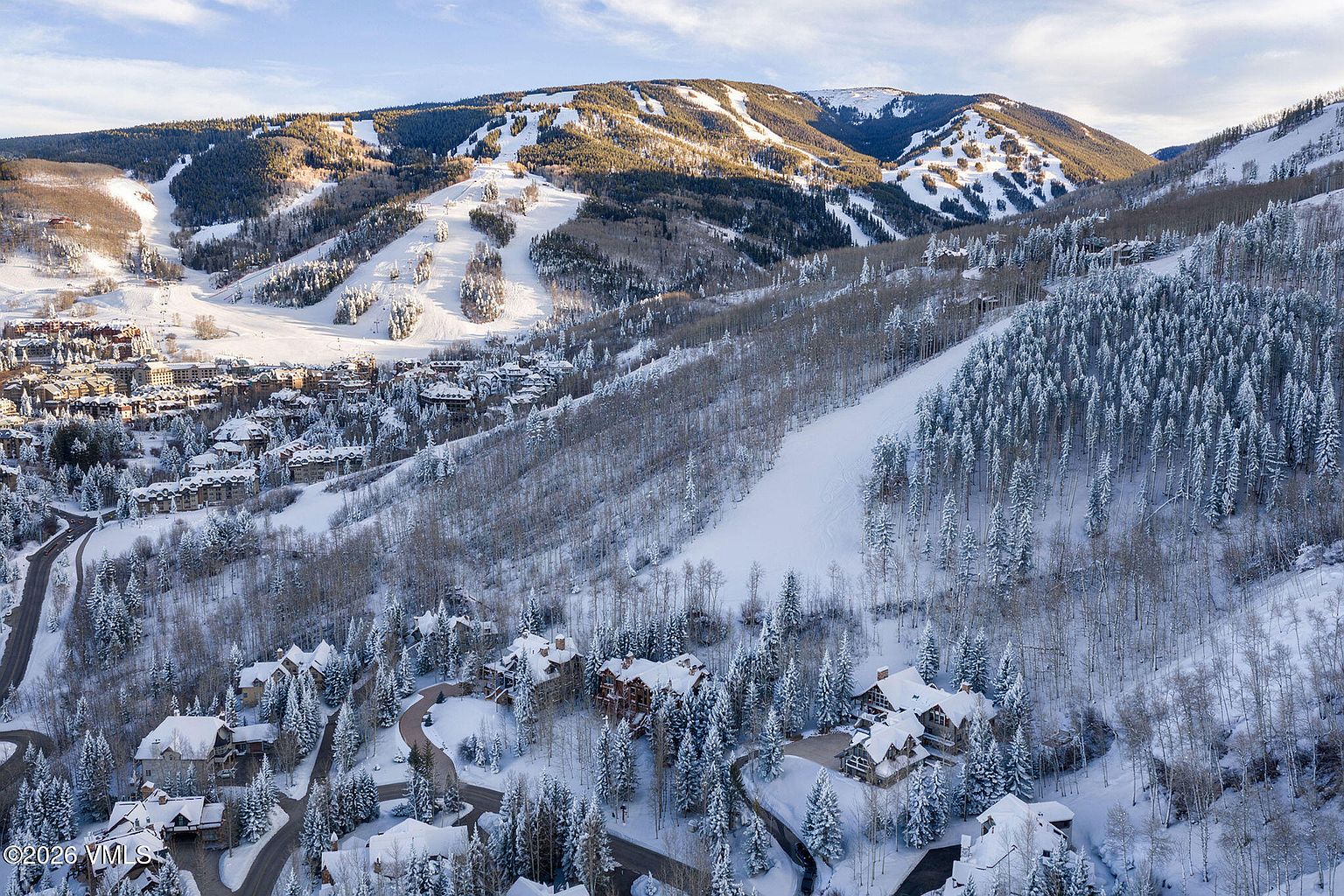 This aerial view showcases a luxurious mountain resort community covered in snow. The scene includes several large homes nestled among snow-covered pine trees, winding roads, and ski slopes in the background. The overall impression is one of a serene and upscale winter retreat.