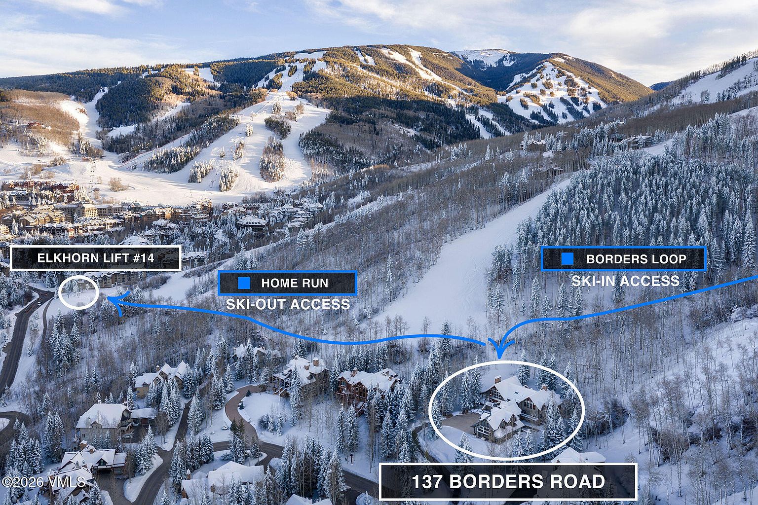 This aerial view showcases a luxurious mountain home at 137 Borders Road, nestled among snow-covered trees with ski-in/ski-out access to Borders Loop and Home Run. The image highlights the property's prime location near Elkhorn Lift #14 and its integration with the surrounding ski resort landscape, emphasizing its appeal to ski enthusiasts.