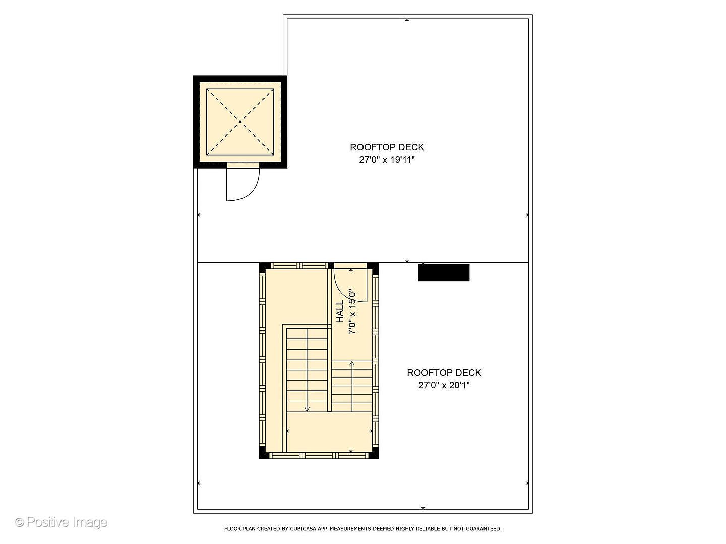 This image is a 2D floor plan illustration of a rooftop deck layout. It displays two distinct deck areas, a central hall with a staircase, and a small enclosed structure, providing a clear top-down perspective of the outdoor space's dimensions and configuration.