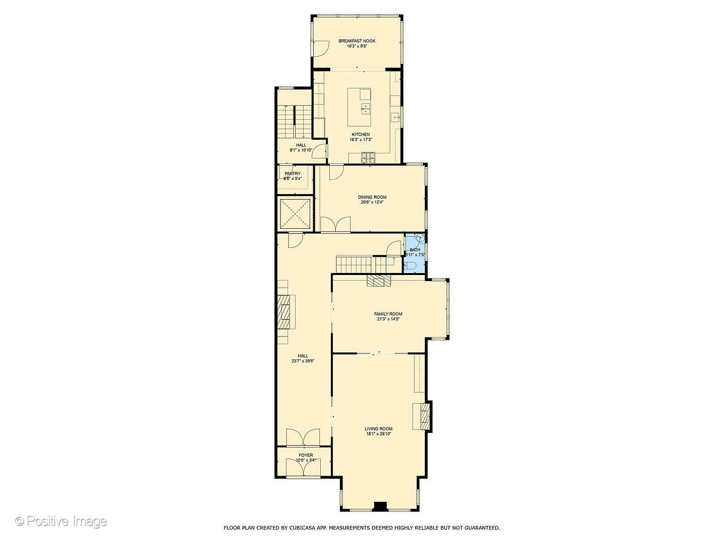 This image is a top-down 2D floor plan illustrating the layout of a residential property. The plan features a linear arrangement of rooms including a foyer, living room, family room, dining room, kitchen, and breakfast nook, along with a pantry, bathroom, and hallway. The diagram provides specific room dimensions and clear spatial relationships between the various living areas.