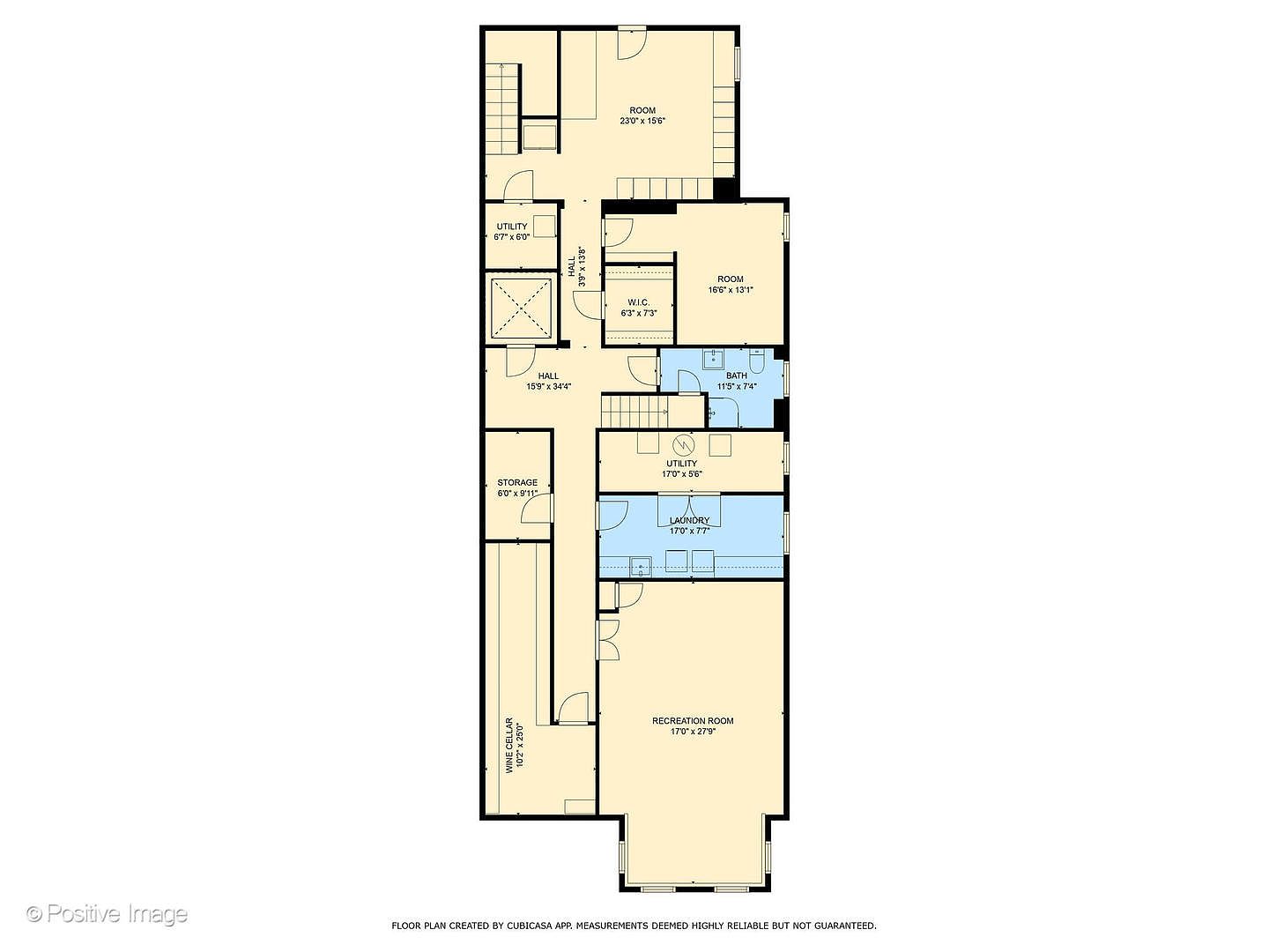 This is a detailed floor plan of a basement level, showcasing a spacious layout that includes a large recreation room, a dedicated wine cellar, and a laundry area. The plan also features multiple utility rooms, a bathroom, and a walk-in closet, providing a functional and organized subterranean living space. The overhead perspective clearly delineates the flow between the various rooms and storage areas, highlighting the versatility of the floor plan.