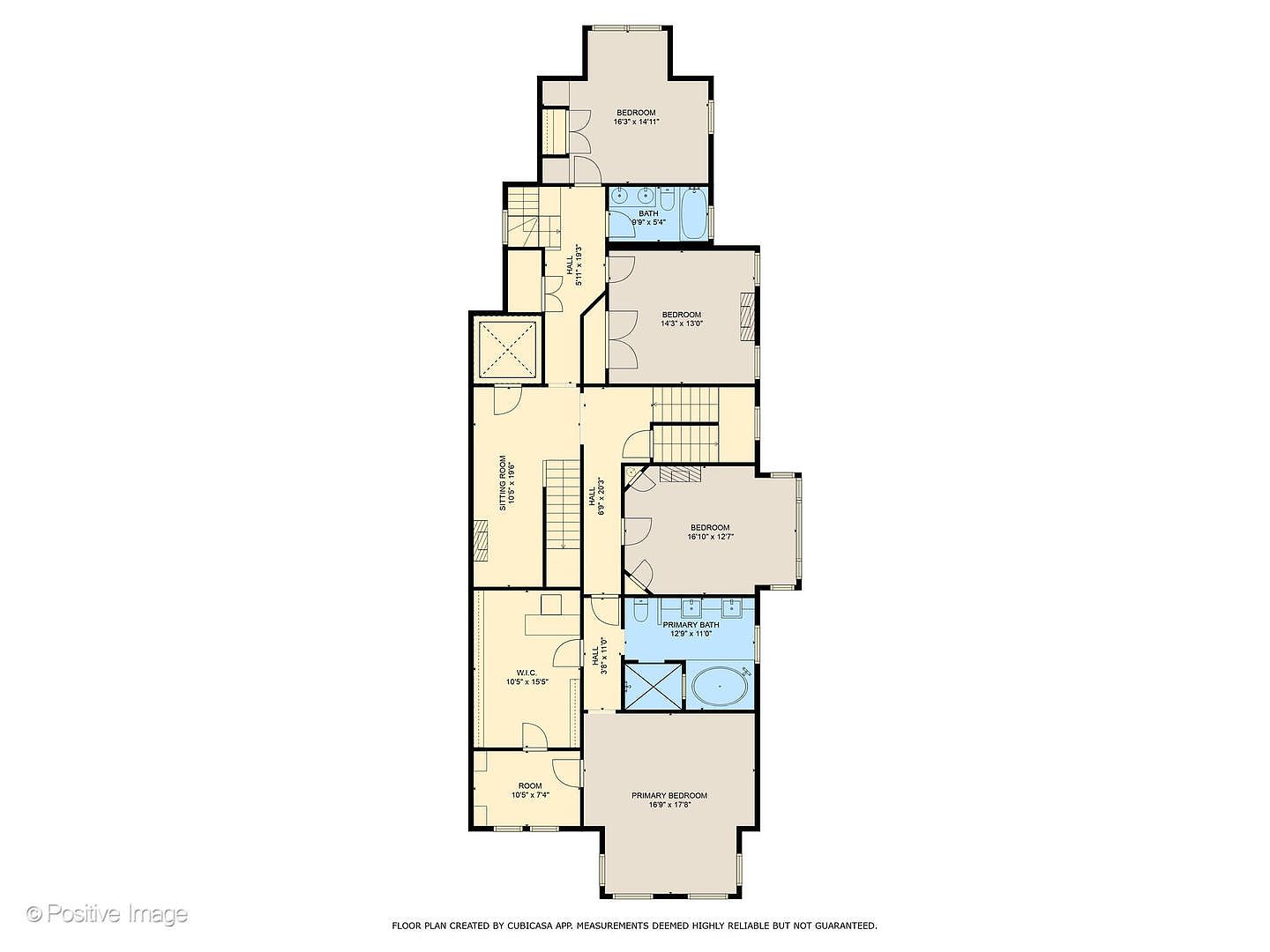 This image is a detailed 2D floor plan of a residential upper level, illustrating the layout of multiple bedrooms, bathrooms, and hallways. The diagram clearly labels each room's dimensions and spatial relationships, providing a comprehensive overview of the floor's architectural configuration. The top-down perspective offers a clear, technical representation of the home's interior flow and room distribution.