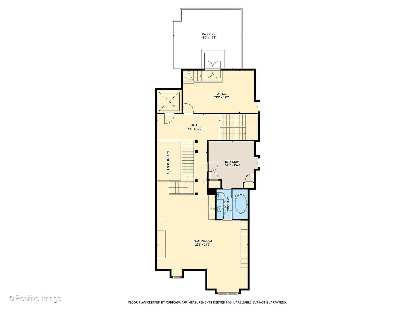 This image is a 2D floor plan illustration showing the layout of an upper level of a home. It features a large family room, a bedroom with an attached bathroom, a central hall, and an office that opens onto a balcony. The layout includes an open-to-below area, indicating a multi-story design with a mezzanine or vaulted ceiling effect.