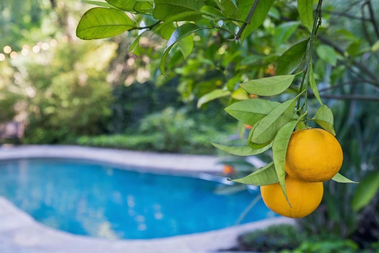 This cinematic shot features a close-up of vibrant, sun-ripened oranges hanging from a tree in the foreground, creating a soft, natural frame. In the blurred background, a serene, curved swimming pool sits nestled within a lush, green garden setting. The composition evokes a peaceful, resort-like atmosphere, highlighting the property's tranquil outdoor living space.