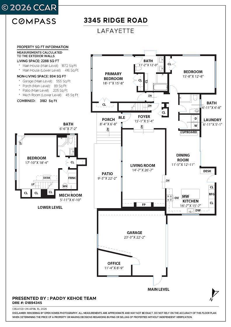 This image is a detailed architectural floor plan for a property located at 3345 Ridge Road in Lafayette. It illustrates the layout of both the main level and the lower level, including room dimensions, square footage, and the placement of key features like the kitchen, bedrooms, bathrooms, and garage. The diagram provides a comprehensive overview of the home's spatial configuration and flow.