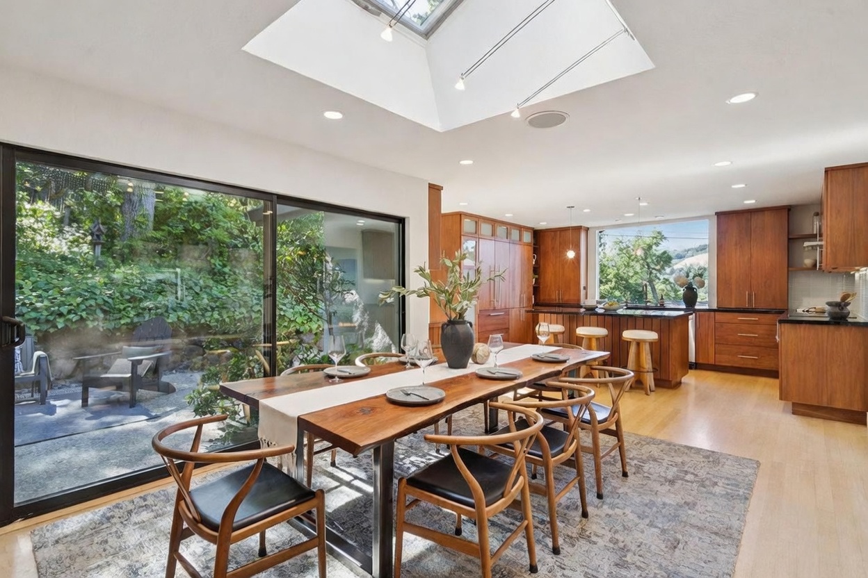 This bright and airy dining room features a large, natural-edge wood table surrounded by modern wooden chairs, set beneath a dramatic skylight that floods the space with natural light. The room seamlessly transitions into an open-concept kitchen with warm wood cabinetry and a breakfast bar, while a large sliding glass door offers a picturesque view of the lush, wooded backyard. The combination of organic textures, hardwood flooring, and clean lines creates a sophisticated and inviting atmosphere perfect for entertaining.