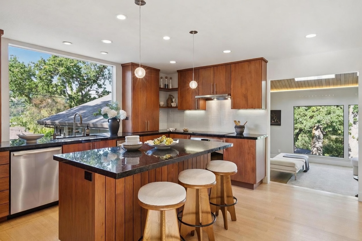 This modern kitchen features warm wood cabinetry paired with sleek dark granite countertops and a central island that serves as a breakfast bar with three stools. Large windows provide an abundance of natural light and scenic views of the surrounding trees, creating an airy and inviting atmosphere. The space is accented by contemporary pendant lighting and high-end stainless steel appliances, blending functionality with a sophisticated, natural aesthetic.