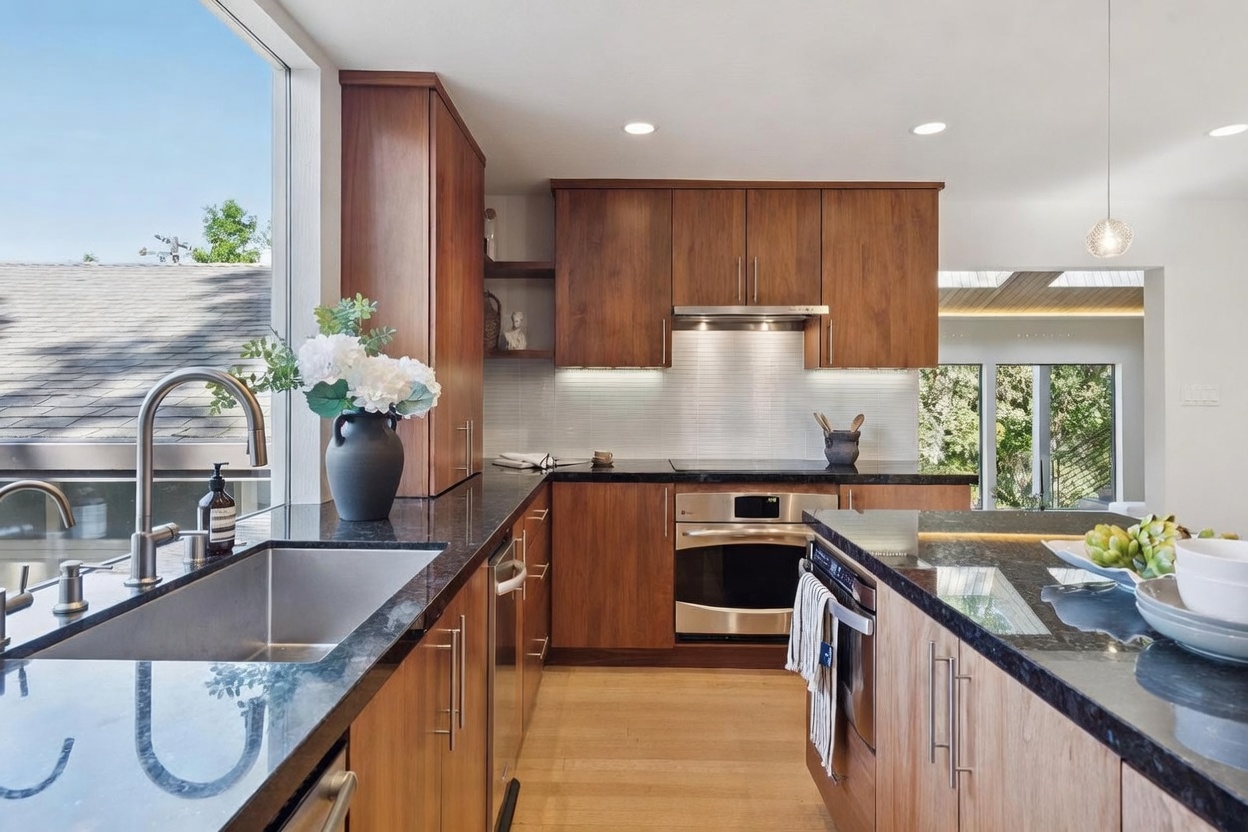 This modern kitchen features warm wood cabinetry paired with sleek black granite countertops and a stainless steel appliance suite. A large window above the sink provides ample natural light and a view of the outdoors, while recessed lighting and a pendant light create a bright, inviting atmosphere. The layout is efficient and contemporary, showcasing a clean, functional design perfect for culinary activities.