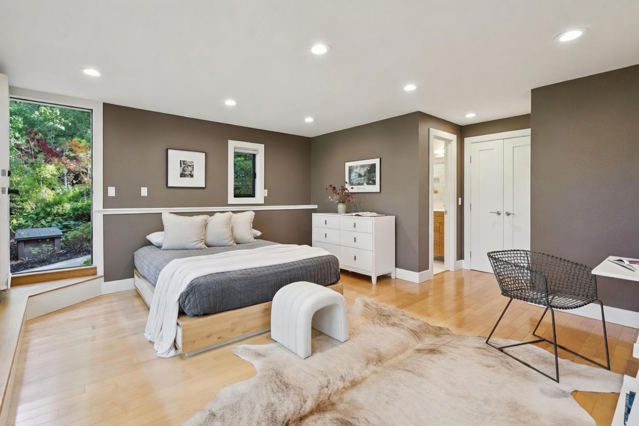This bright and modern bedroom features a low-profile wooden bed frame topped with a grey quilt and neutral pillows, set against a dark accent wall. A white dresser, a unique curved ottoman, and a stylish wire-frame chair add contemporary flair to the space, which is anchored by a textured cowhide rug on light hardwood floors. Large windows and a glass door provide ample natural light and a serene view of the lush greenery outside.