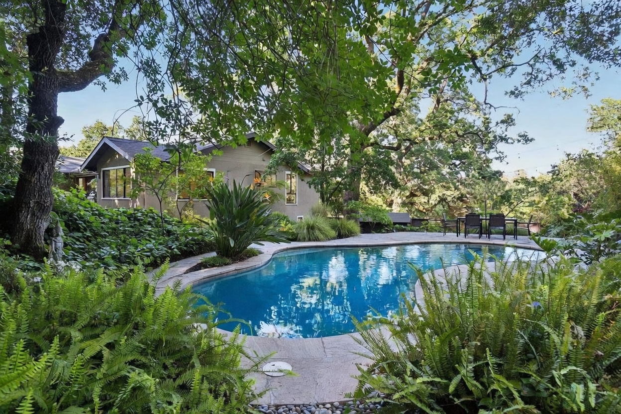This serene backyard features a kidney-shaped swimming pool surrounded by lush greenery, ferns, and mature trees that provide dappled shade. A stone patio area includes a dining set with an umbrella, creating an inviting space for outdoor relaxation and entertaining. The perspective captures the tranquil integration of the home's architecture with the natural, landscaped environment.