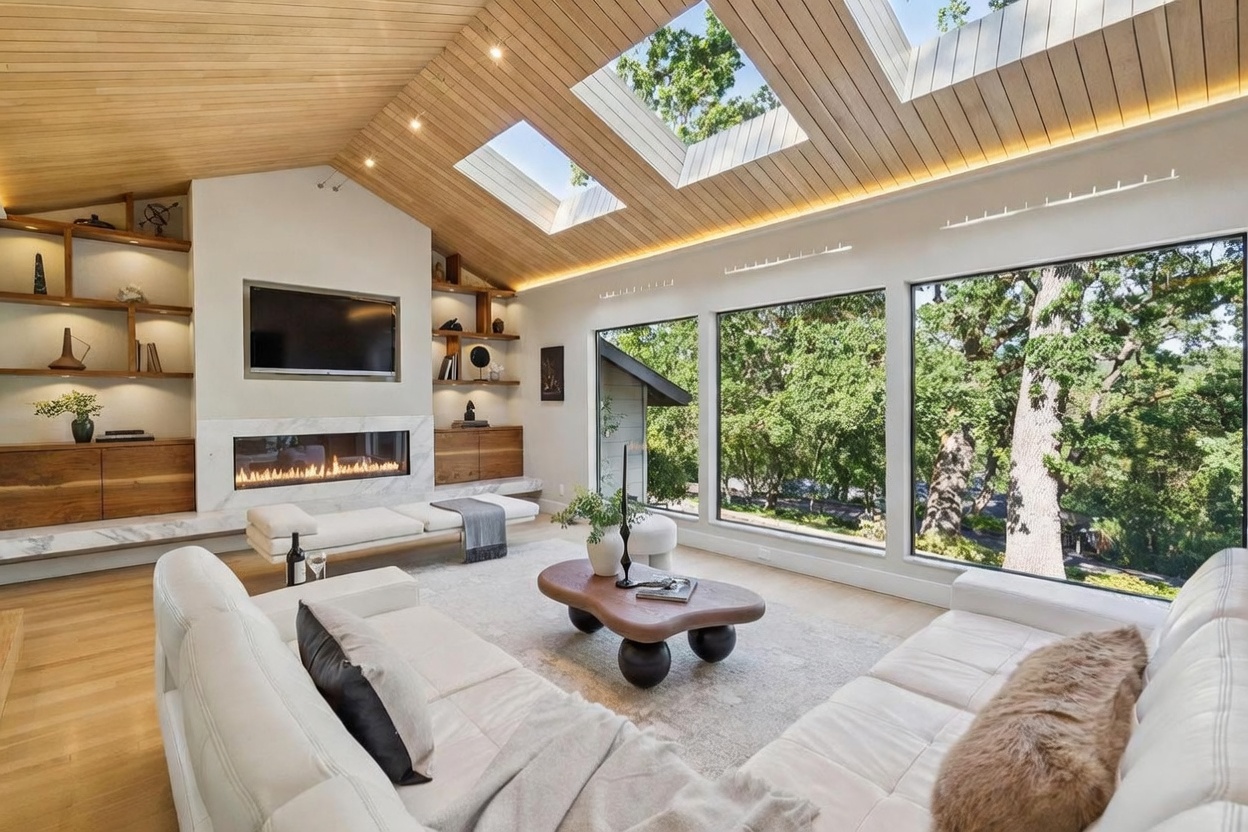 This sophisticated living room features a vaulted, wood-paneled ceiling with integrated skylights that flood the space with natural light. The room is anchored by a sleek, linear fireplace set into a marble wall, flanked by custom wooden shelving, and offers expansive views of the surrounding trees through floor-to-ceiling windows. The contemporary design is complemented by plush white sofas and a unique, organic-shaped coffee table, creating an airy and luxurious atmosphere.