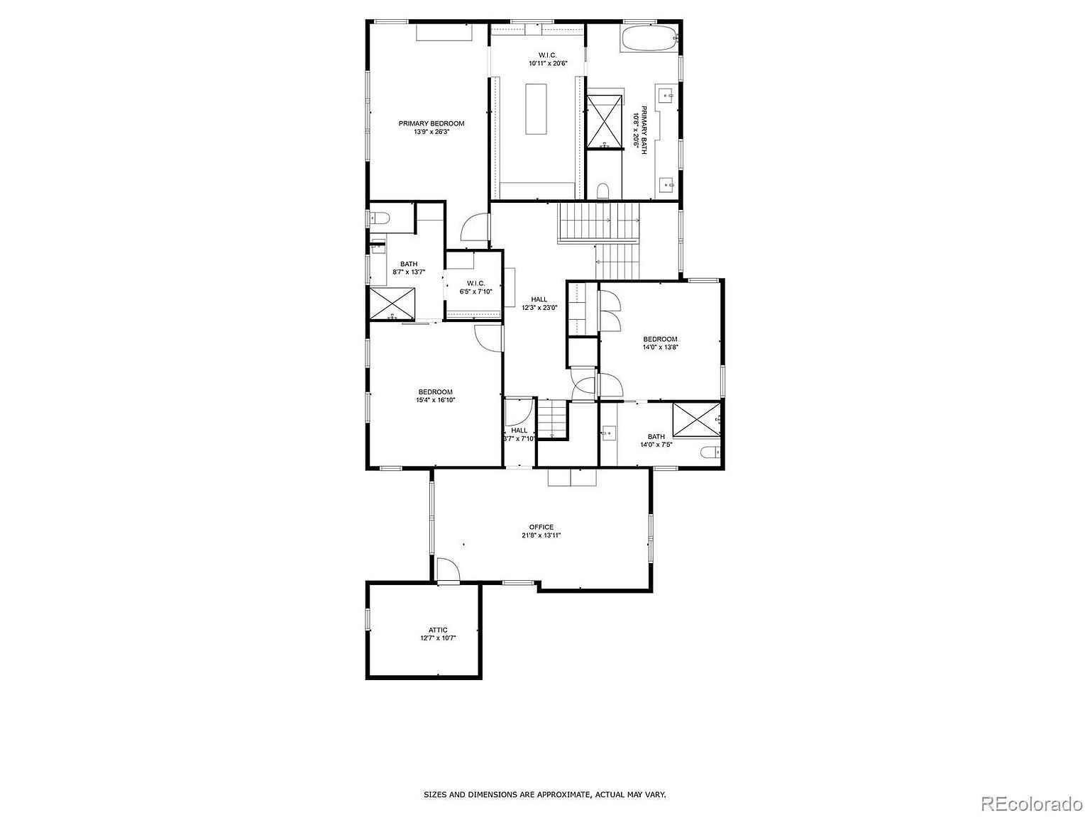 This image showcases a detailed floor plan of a multi-story house, outlining the layout of rooms such as the primary bedroom, guest bedrooms, bathrooms, office, attic, and hallways. Dimensions are provided for each room, offering a clear understanding of the space and flow within the home. The floor plan provides a comprehensive overview of the property's interior architecture.