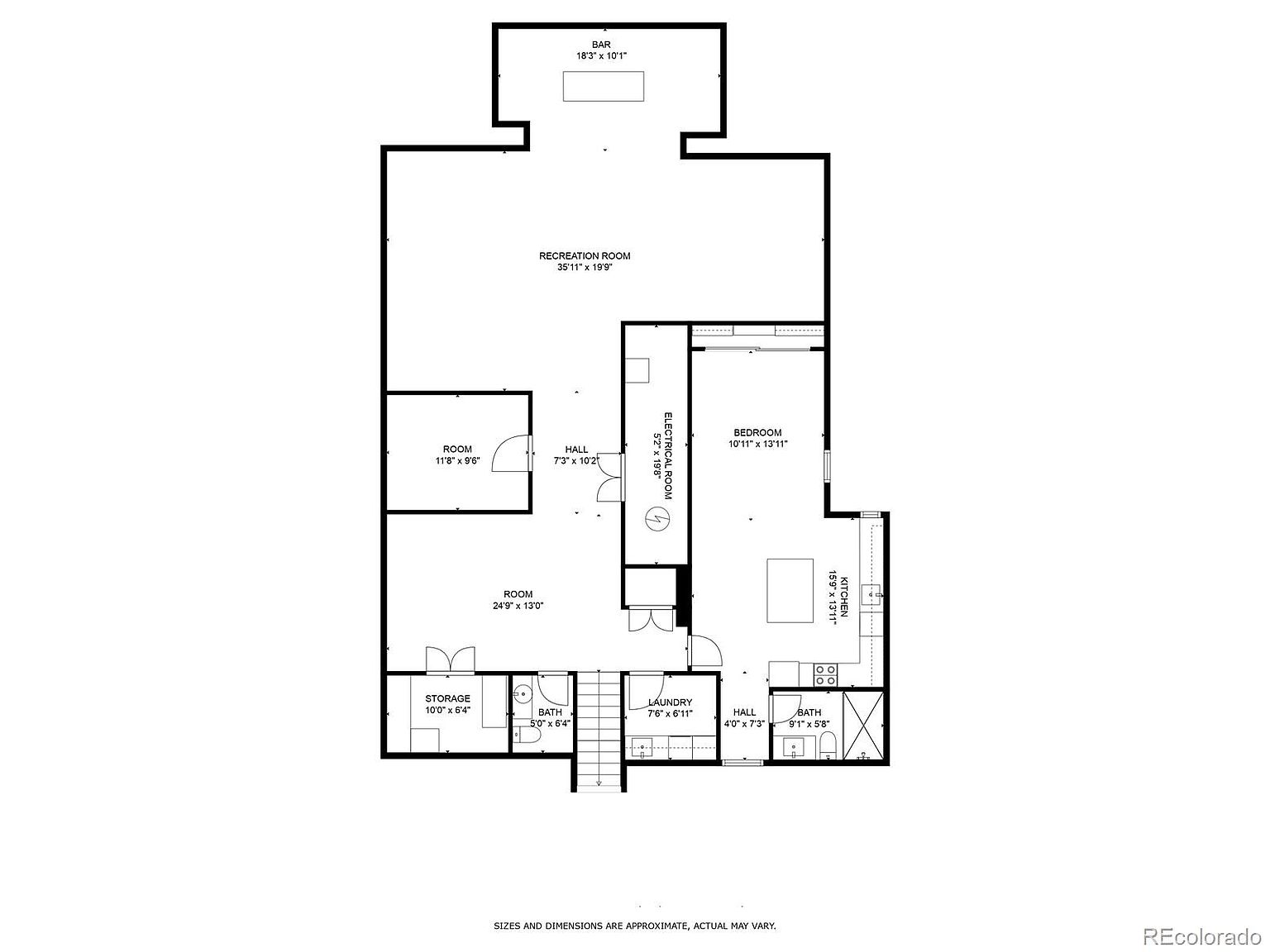 This image presents a detailed floor plan of a residential property, showcasing the layout of various rooms including a recreation room, bedrooms, kitchen, bathrooms, and storage areas. The plan includes dimensions for each room, providing a clear understanding of the property's spatial arrangement and potential flow.