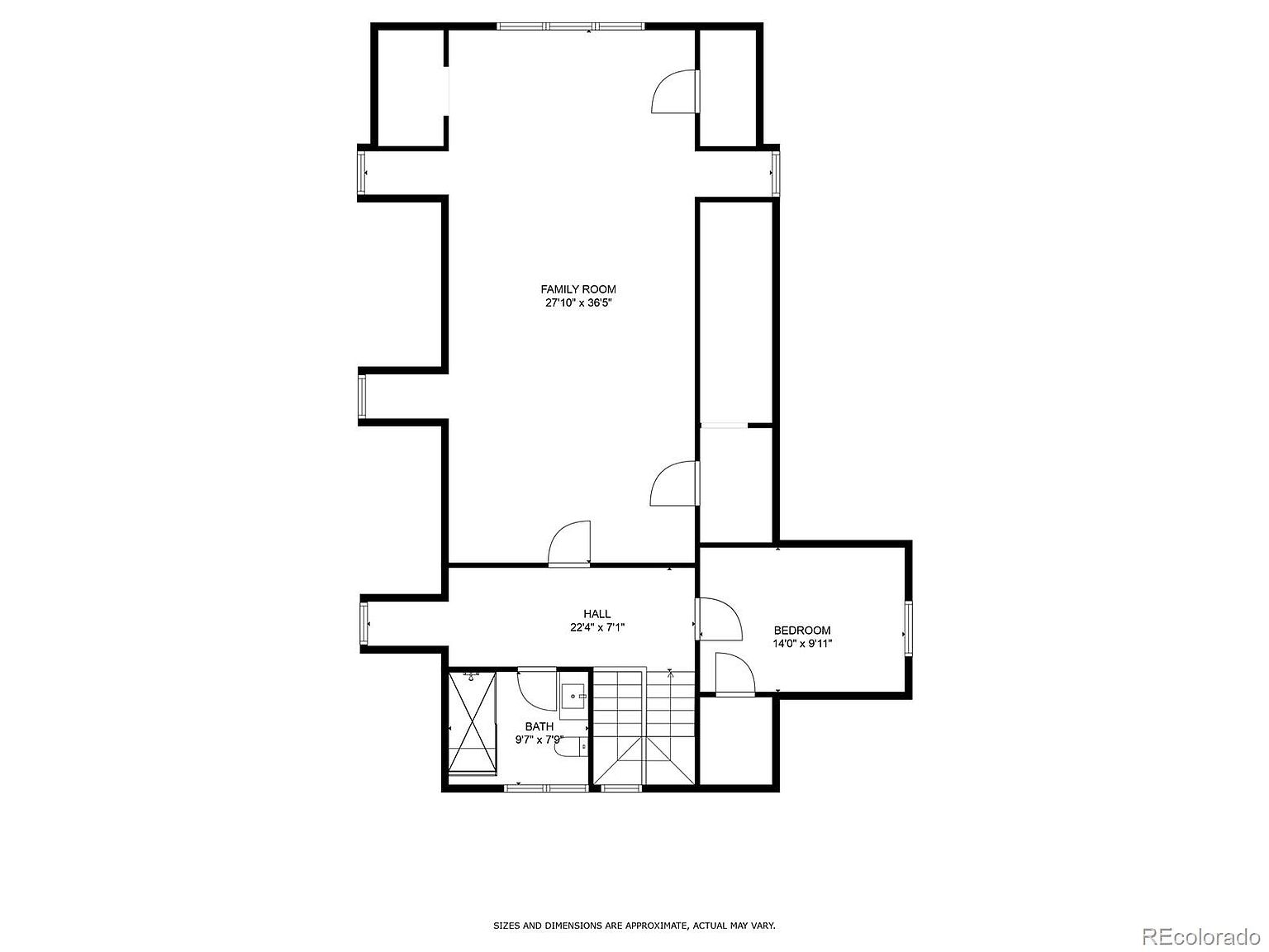This image showcases a floor plan of a house, highlighting the layout of the family room, hall, bathroom, and bedroom. The family room is the largest space, followed by the hall, with the bathroom and bedroom being smaller, distinct areas. The floor plan provides a clear understanding of the spatial relationships between the rooms.
