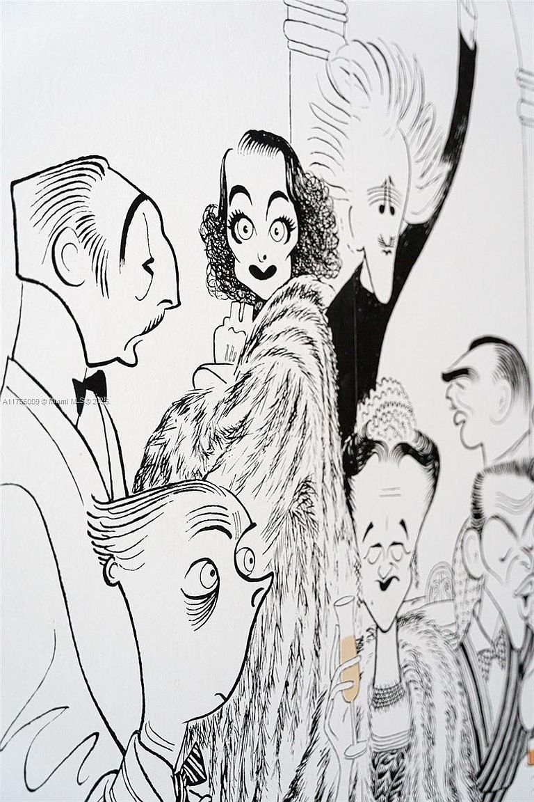 This image features a black-and-white ink illustration depicting a group of stylized, caricatured figures in formal attire, reminiscent of mid-century social satire art. The composition focuses on the expressive faces and exaggerated features of the characters, suggesting a sophisticated or high-society setting. The artwork is presented as a framed piece of wall decor, adding a touch of artistic character to the interior space.