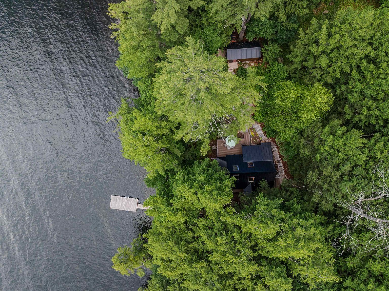 This high-angle aerial view captures a secluded, modern cabin nestled within a dense, lush forest along a tranquil lakefront. The property features a dark-toned structure with a metal roof, a wooden deck with an umbrella, and a private dock extending into the water. A secondary smaller structure is tucked further back into the trees, emphasizing the property's private and serene woodland setting.