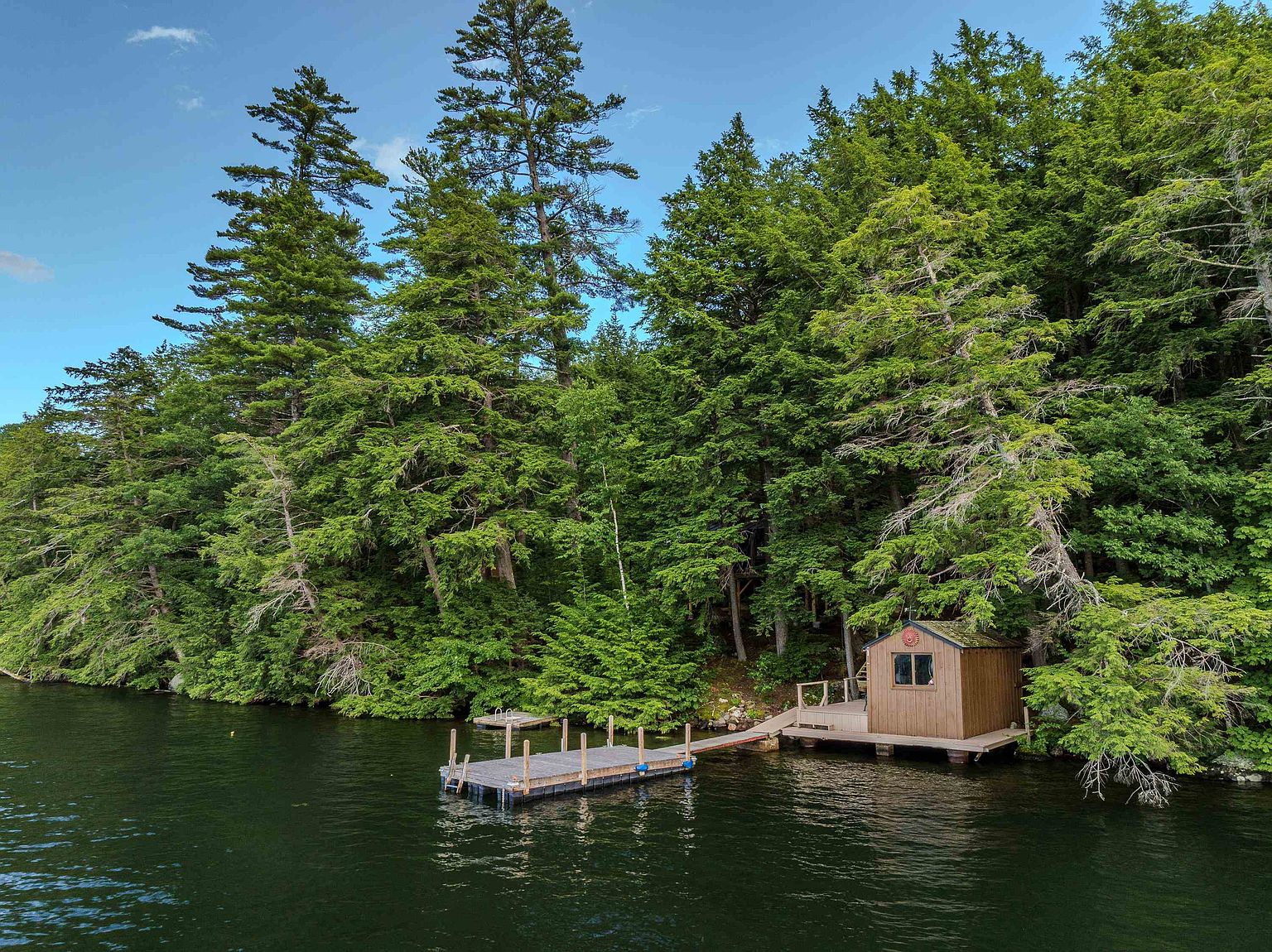 This aerial perspective captures a rustic wooden cabin nestled directly on the edge of a calm, dark lake, surrounded by a dense, lush forest of evergreen trees. A floating dock extends from the cabin's deck into the water, providing a serene waterfront retreat. The scene emphasizes the property's secluded, natural setting and direct access to the lake, offering a peaceful and private atmosphere.