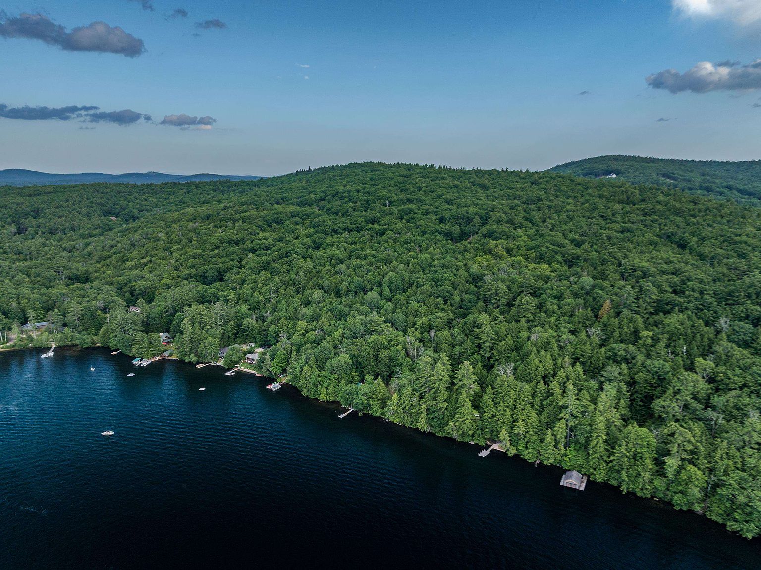 This high-angle aerial perspective captures a serene lakeside property nestled within a dense, lush forest. The image highlights the natural beauty of the waterfront, featuring several private docks extending into the deep blue water and a collection of secluded homes tucked among the trees. The expansive canopy of green foliage creates a tranquil and private atmosphere, emphasizing the property's connection to nature.