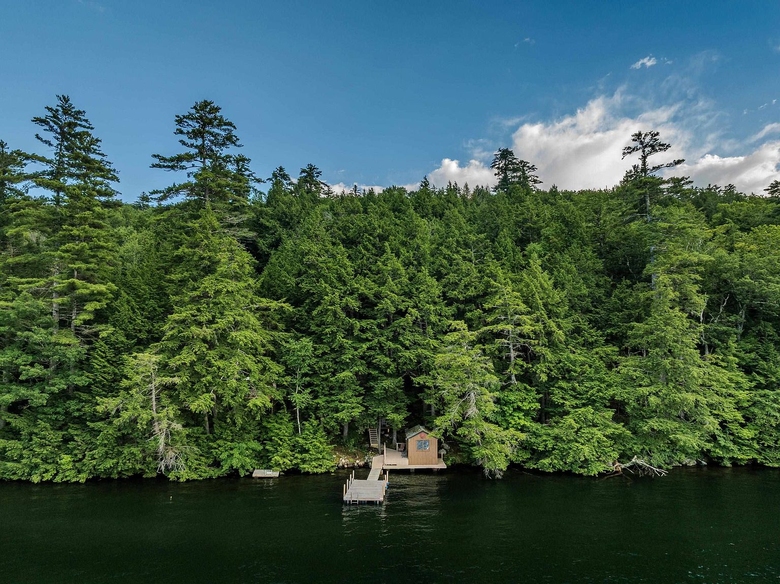 This aerial perspective captures a secluded lakeside retreat nestled against a dense, lush forest. A small wooden cabin sits at the water's edge, connected to a private dock that extends into the deep, calm lake. The scene emphasizes the property's serene, natural setting and direct waterfront access.