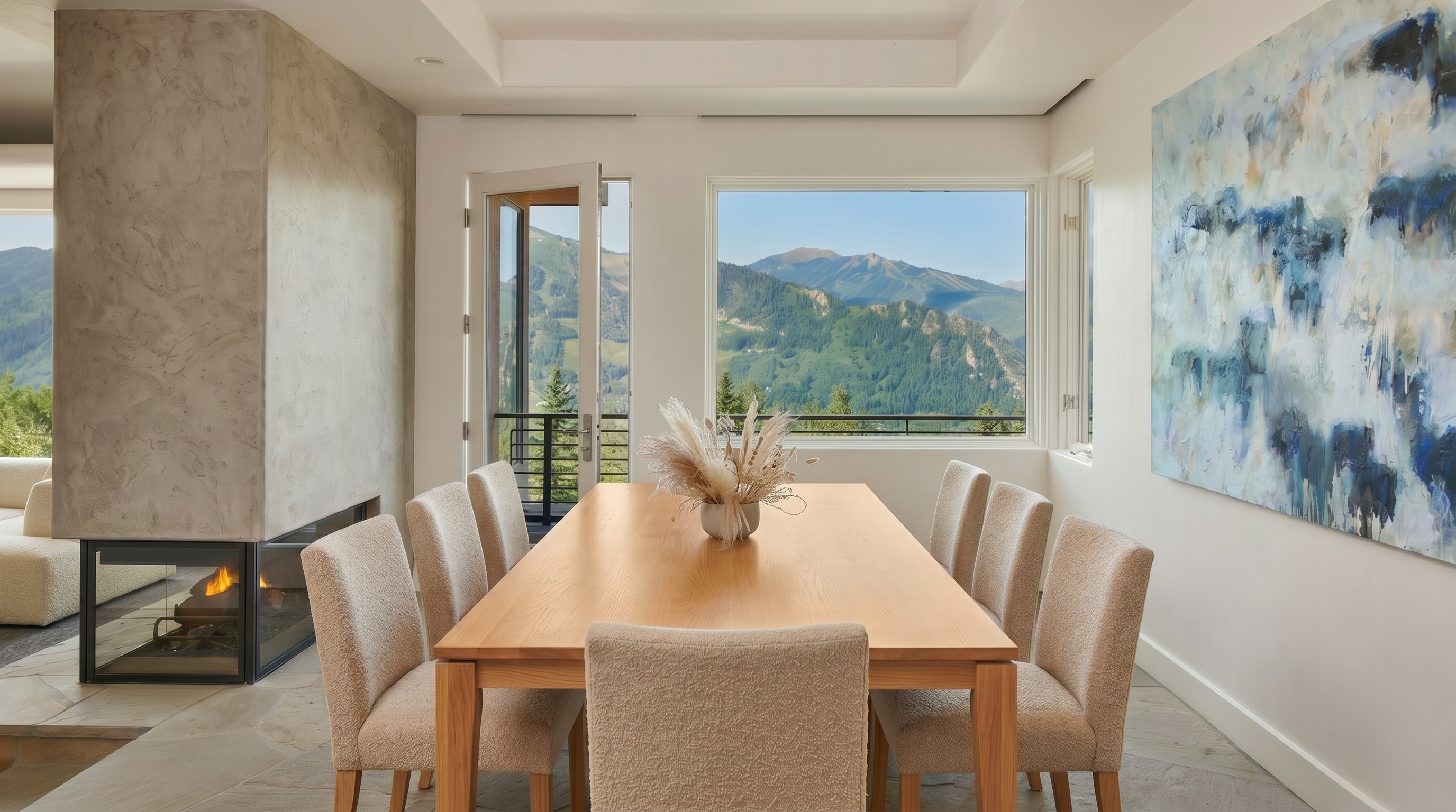 This elegant dining room features a large wooden table surrounded by eight modern, high-backed chairs, centered around a decorative bowl of fruit. The space is anchored by a striking concrete fireplace on the left and a large, vibrant abstract painting on the right, while floor-to-ceiling windows offer breathtaking panoramic views of the surrounding mountains. The room exudes a sophisticated, contemporary mountain aesthetic with its clean lines and natural textures.