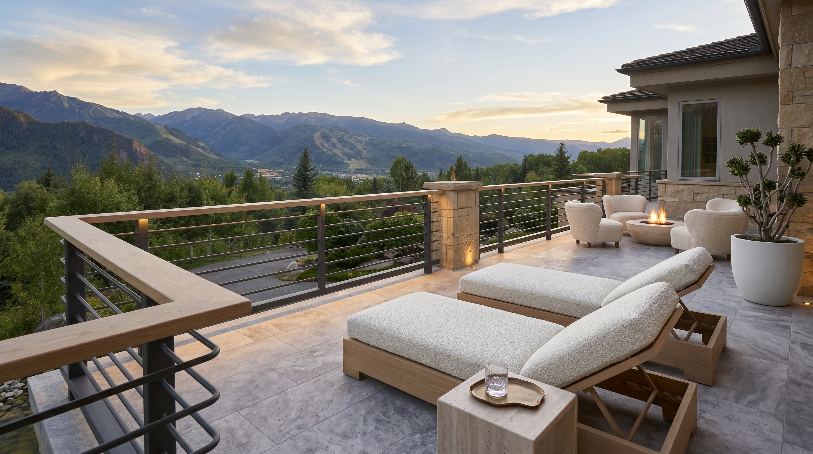 This stunning elevated deck offers expansive panoramic views of the surrounding mountainous landscape, complete with a modern metal and wood railing. The space is furnished with contemporary lounge chairs, perfect for relaxation and enjoying the scenic environment. Its design seamlessly blends comfortable outdoor living with architectural features that prioritize the dramatic vista.