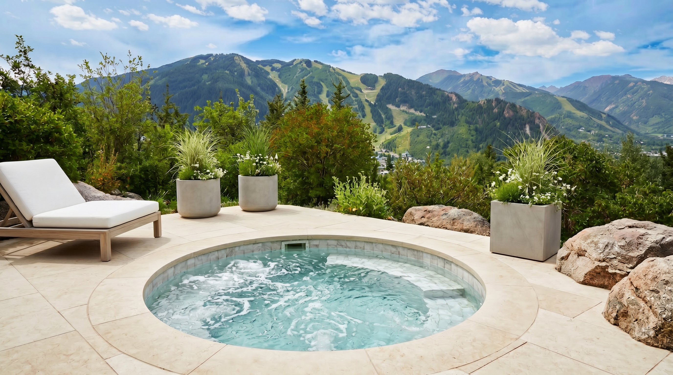 This image captures a luxurious outdoor spa set against a breathtaking panoramic view of a lush mountain range under a bright, clear sky. The circular spa features vibrant blue tiling and bubbling water, surrounded by natural stone decking and potted red flowers. The perspective is from a slightly elevated vantage point, emphasizing the seamless integration of the private relaxation area with the expansive, scenic landscape.