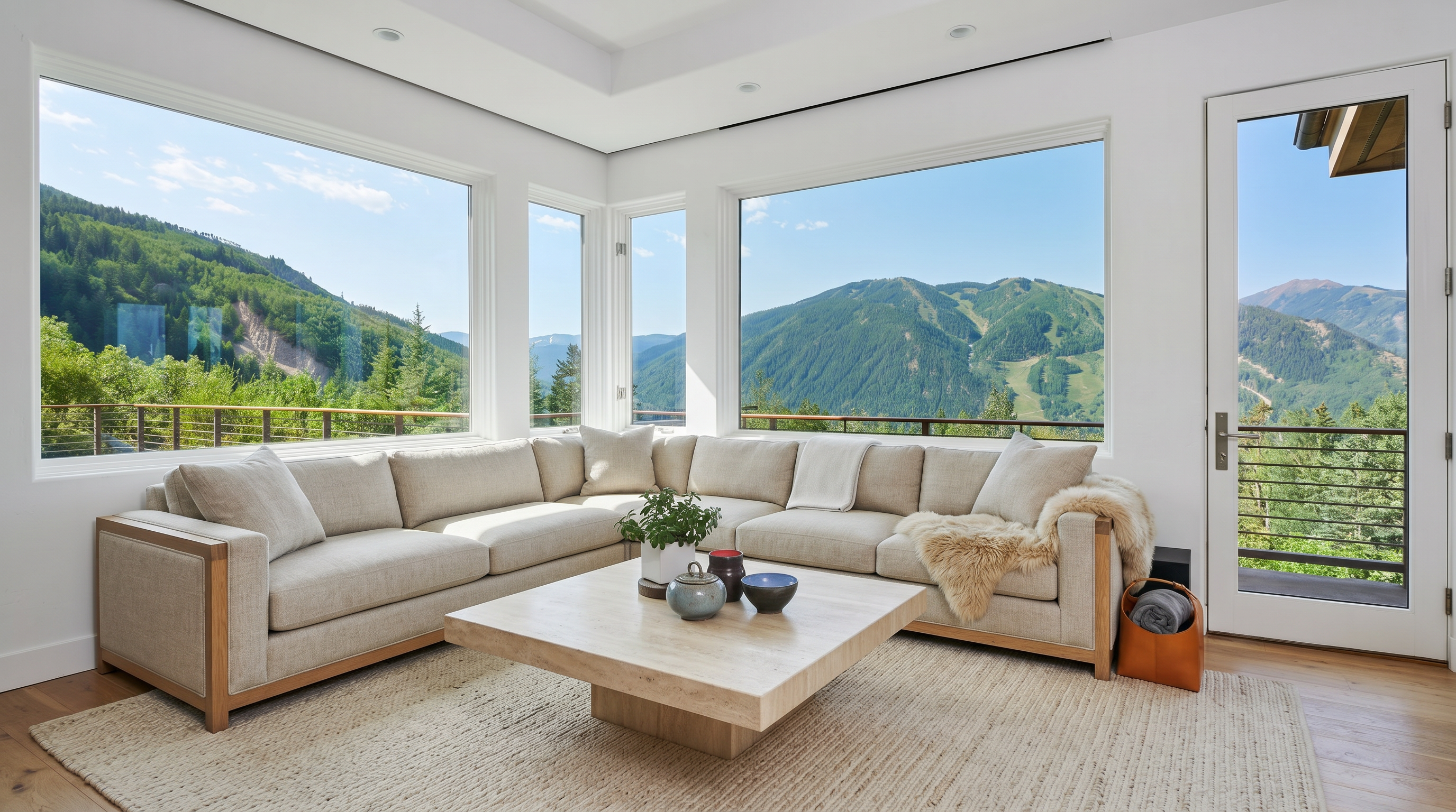 This bright and airy living room features a large, plush grey sectional sofa arranged to maximize the stunning panoramic mountain views visible through expansive corner windows. A unique concrete coffee table on industrial casters serves as a focal point, complemented by minimalist decor and a warm leather storage basket. The space exudes a modern, serene atmosphere, perfectly blending comfortable indoor living with the breathtaking natural landscape outside.