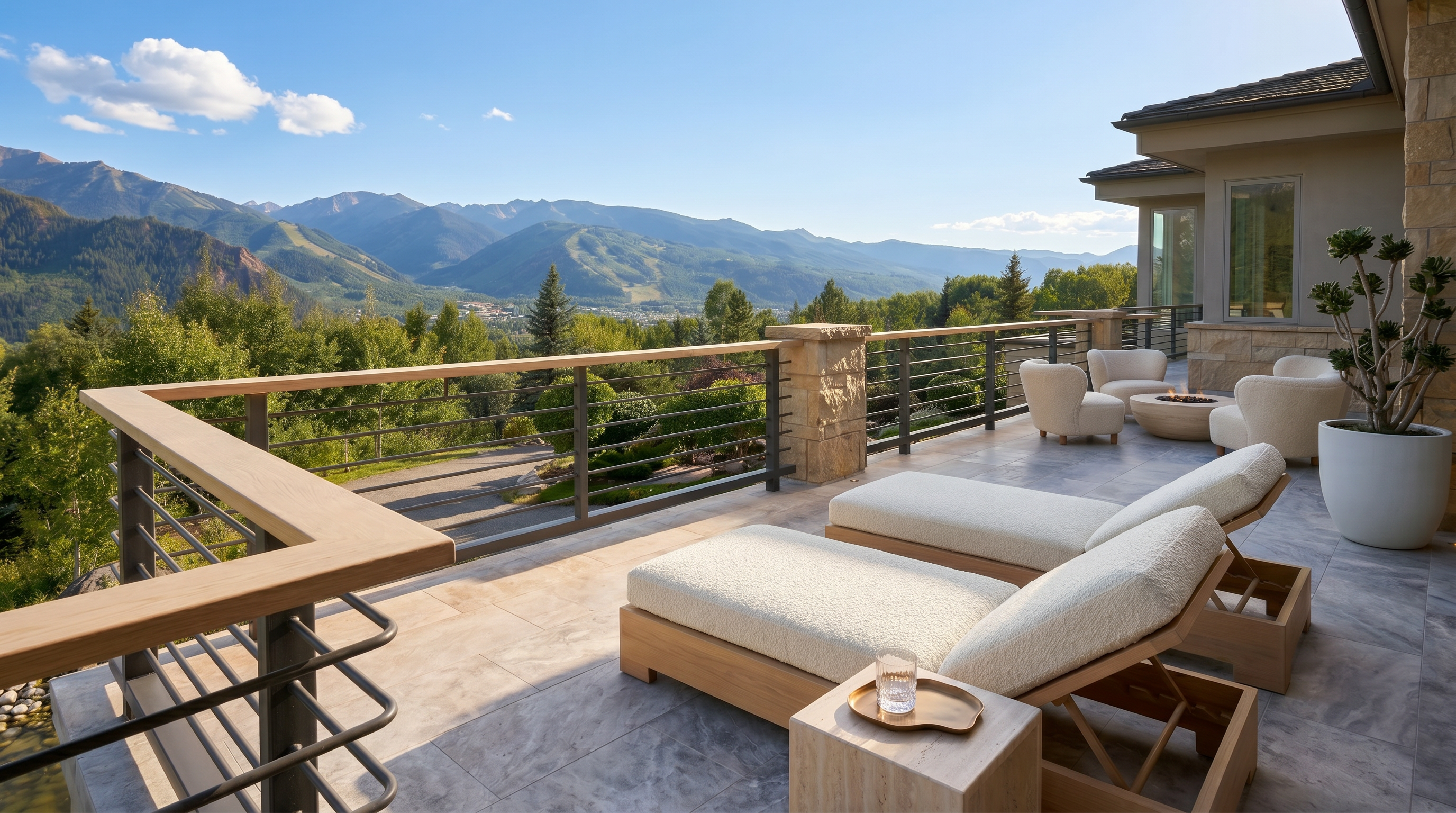 This spacious, luxury outdoor deck offers stunning, unobstructed panoramic views of the surrounding mountains and valley. The area is beautifully appointed with modern lounge chairs, a cozy fire pit seating arrangement, and elegant stone flooring. The sophisticated design and tranquil setting create an ideal space for upscale relaxation and mountain living.