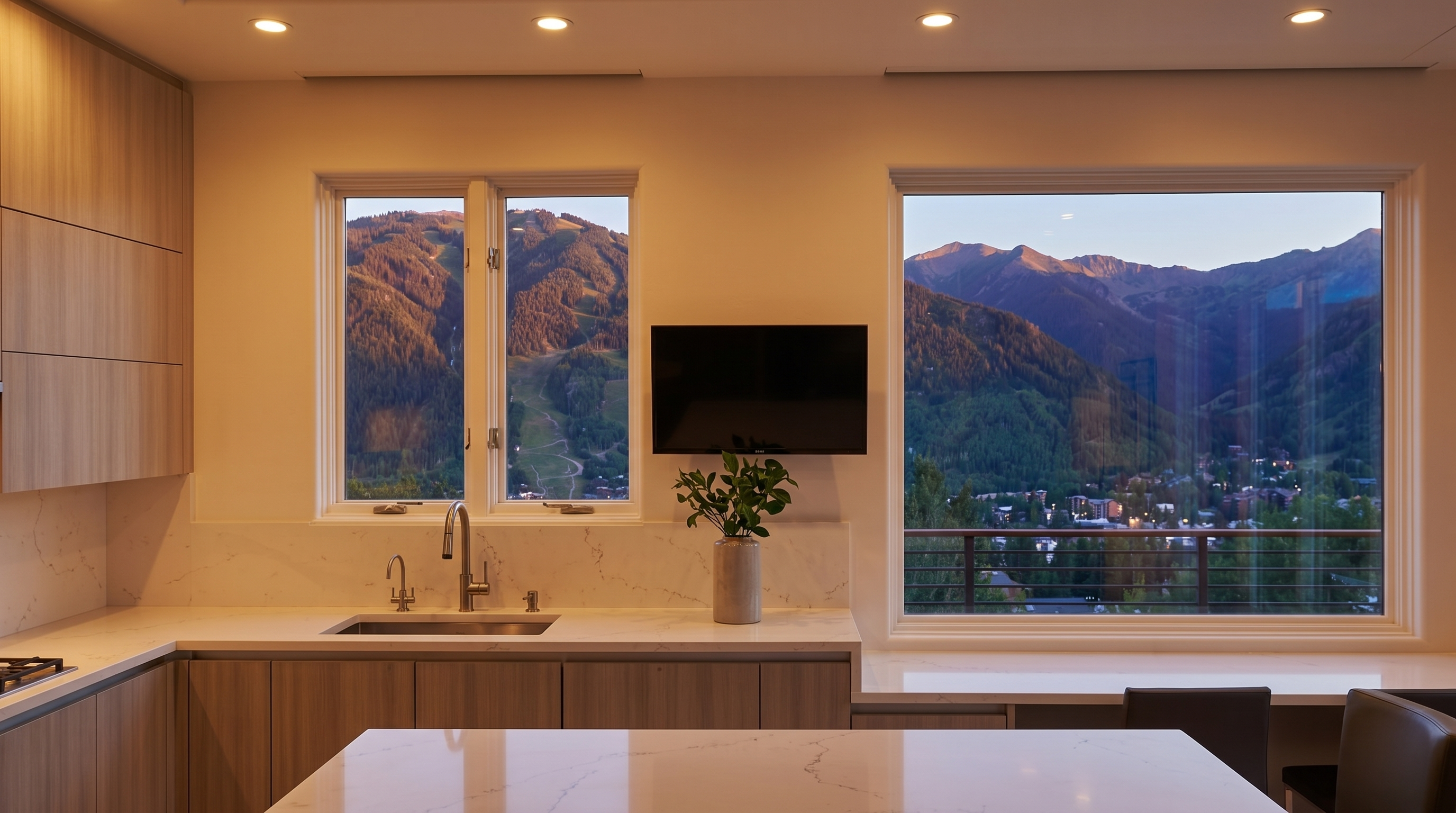 This sleek, modern kitchen features light wood cabinets and crisp white quartz countertops with marble-like veining. A large window provides a stunning, panoramic mountain view, elevating the space with natural light and a serene atmosphere. The inclusion of a mounted television and a spacious central island makes it a functional and inviting area for both cooking and entertaining.
