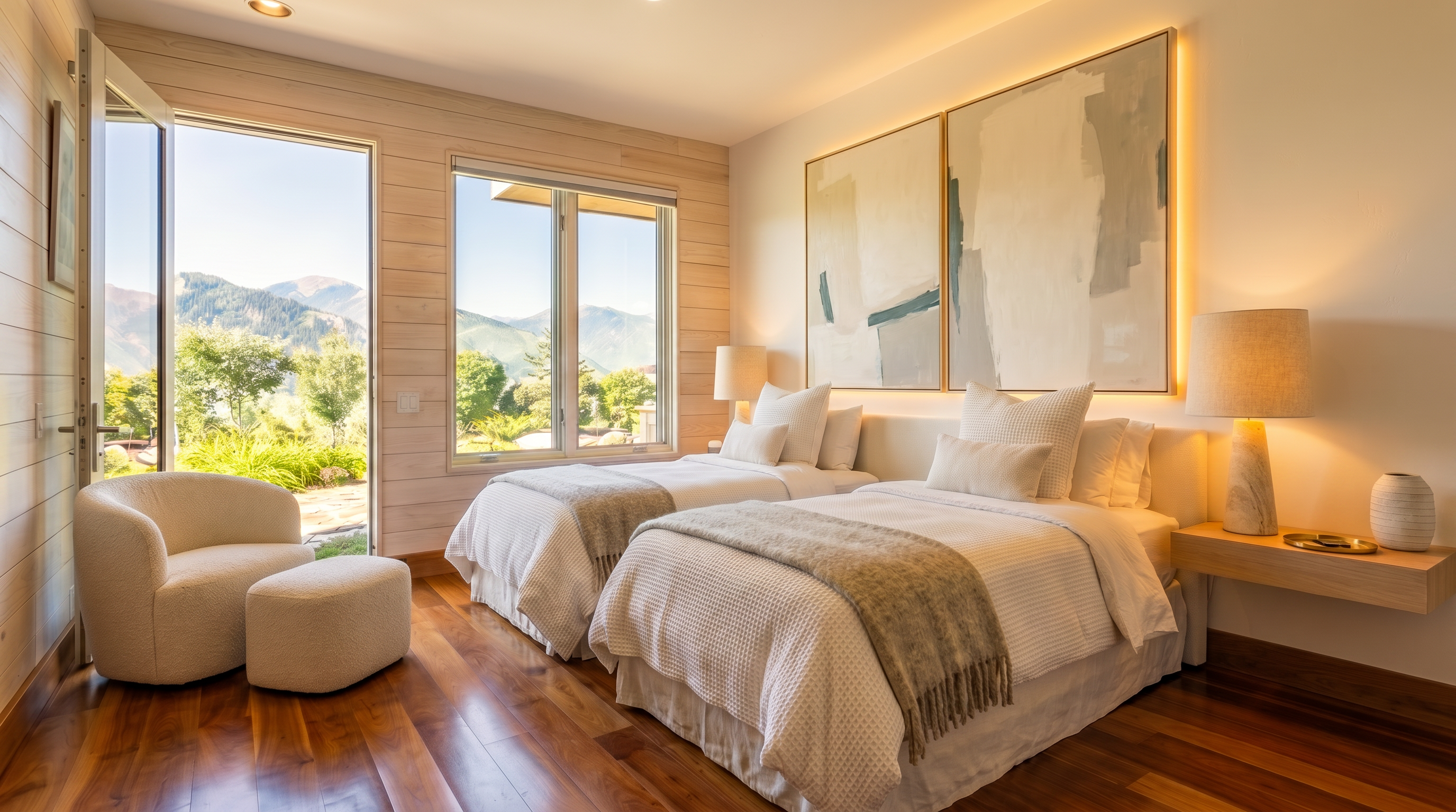 This serene, light-filled guest bedroom features two twin beds with plush white bedding and soft grey throw blankets. The space is accented by natural wood plank walls, a cozy armchair with an ottoman, and impressive framed abstract artwork illuminated by integrated backlight. A floor-to-ceiling glass door opens to scenic mountain views, enhancing the tranquil, high-end mountain retreat aesthetic.