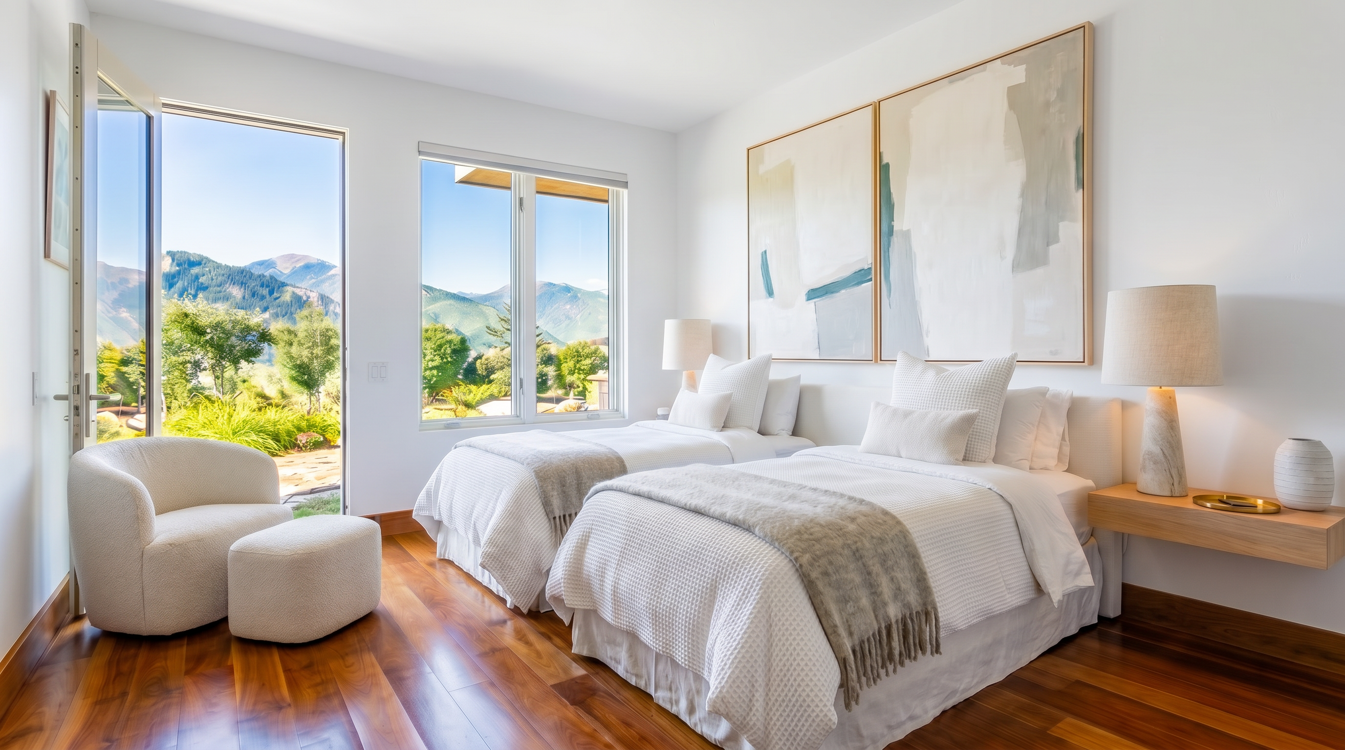 This bright and inviting guest bedroom features two twin beds with premium white bedding and cozy knit throws. The space is accented by natural wood-paneled walls, a chic upholstered chair with matching ottoman, and large windows that frame panoramic mountain vistas. Subtle warm lighting and tasteful artwork above the headboards create a tranquil and sophisticated atmosphere.