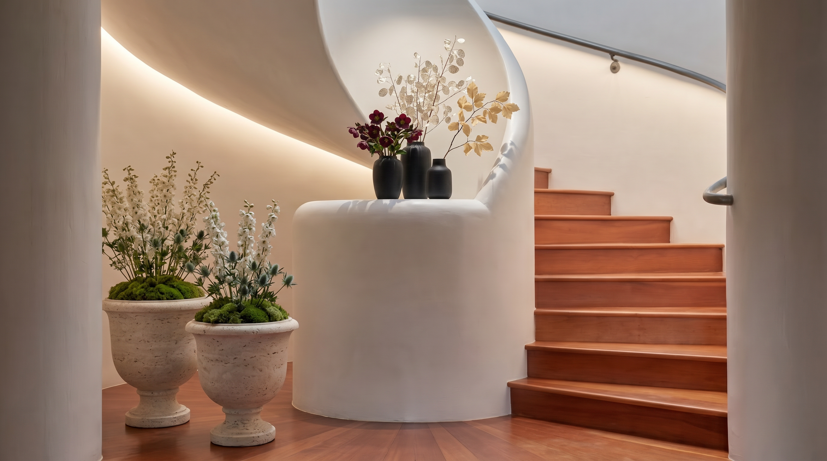 This interior image showcases a striking contemporary staircase featuring warm wood steps and a smooth, minimalist white sculptural base. An elegant vase is placed atop the curved wall, while an artistic metal sculpture and rustic clay vessels add a unique, organic touch to the entryway area. The combination of clean lines, natural materials, and sculptural elements creates a sophisticated and welcoming focal point.