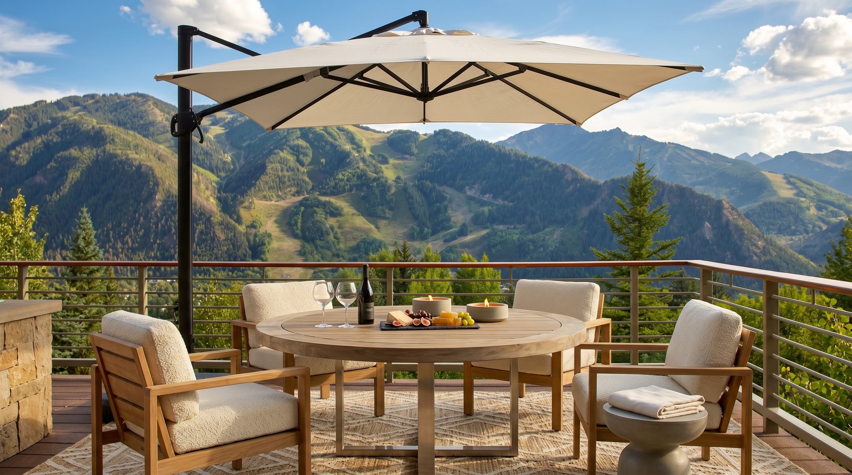 This stunning outdoor deck features a sophisticated dining setup with a modern round teak table, four upholstered armchairs, and a large cantilever umbrella, all set upon a geometric area rug. The space is anchored by a backdrop of breathtaking, panoramic mountain views and lush greenery, providing an ideal setting for luxury relaxation or al fresco entertaining. The blend of natural wood textures and premium patio furniture creates a high-end, serene atmosphere perfect for enjoying the scenic landscape.