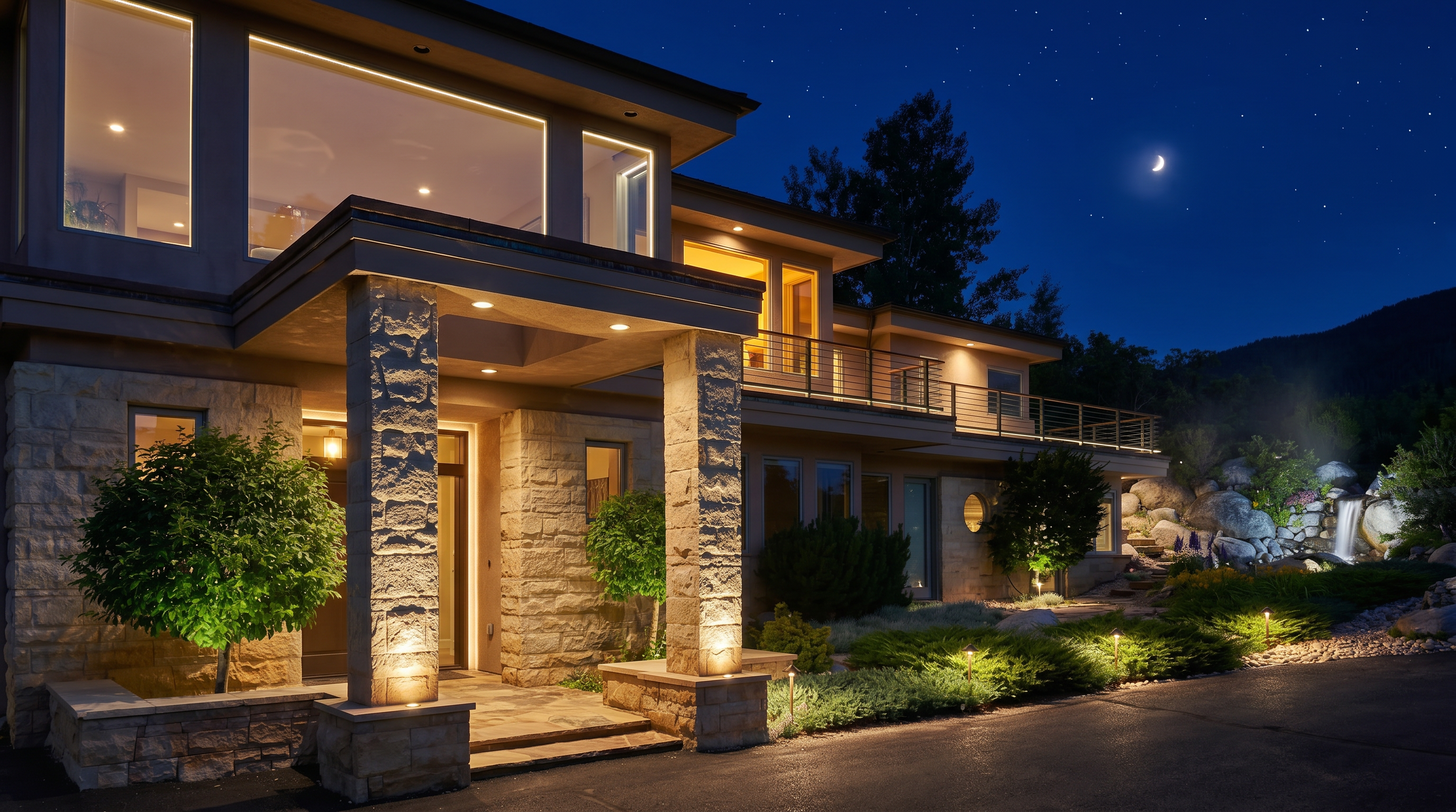 This stunning mountain-style home features a prominent stone-pillared entryway and a sophisticated blend of stucco and natural stone masonry. The exterior showcases a multi-level design with a balcony, large windows reflecting the sky, and a beautifully landscaped garden with a small waterfall feature. The perspective captures the inviting front entrance and the lush, serene surroundings, emphasizing the property's high-end architectural appeal.